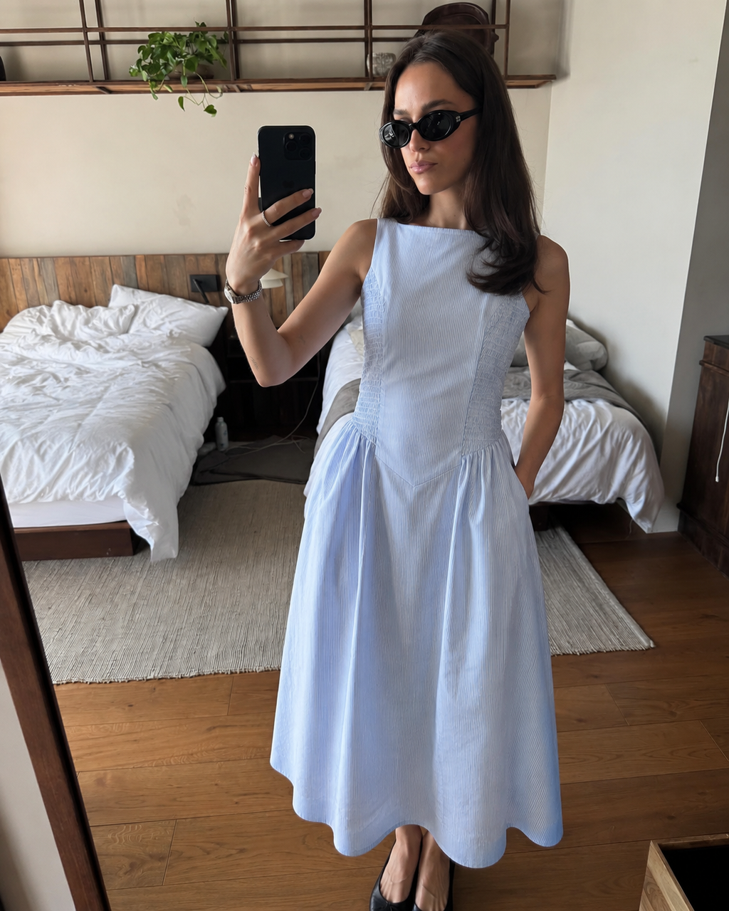 Becky in Sky Stripe Shirred Panel Maxi Dress