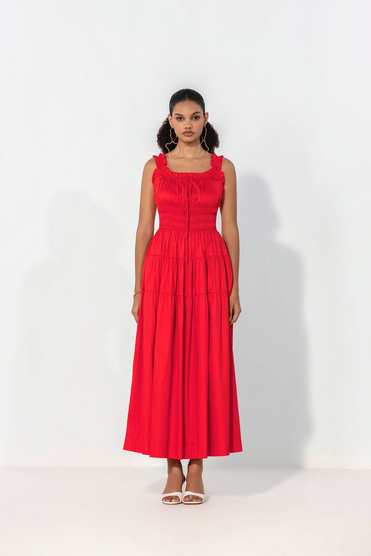 Juliana in Red smocked tie maxi dress