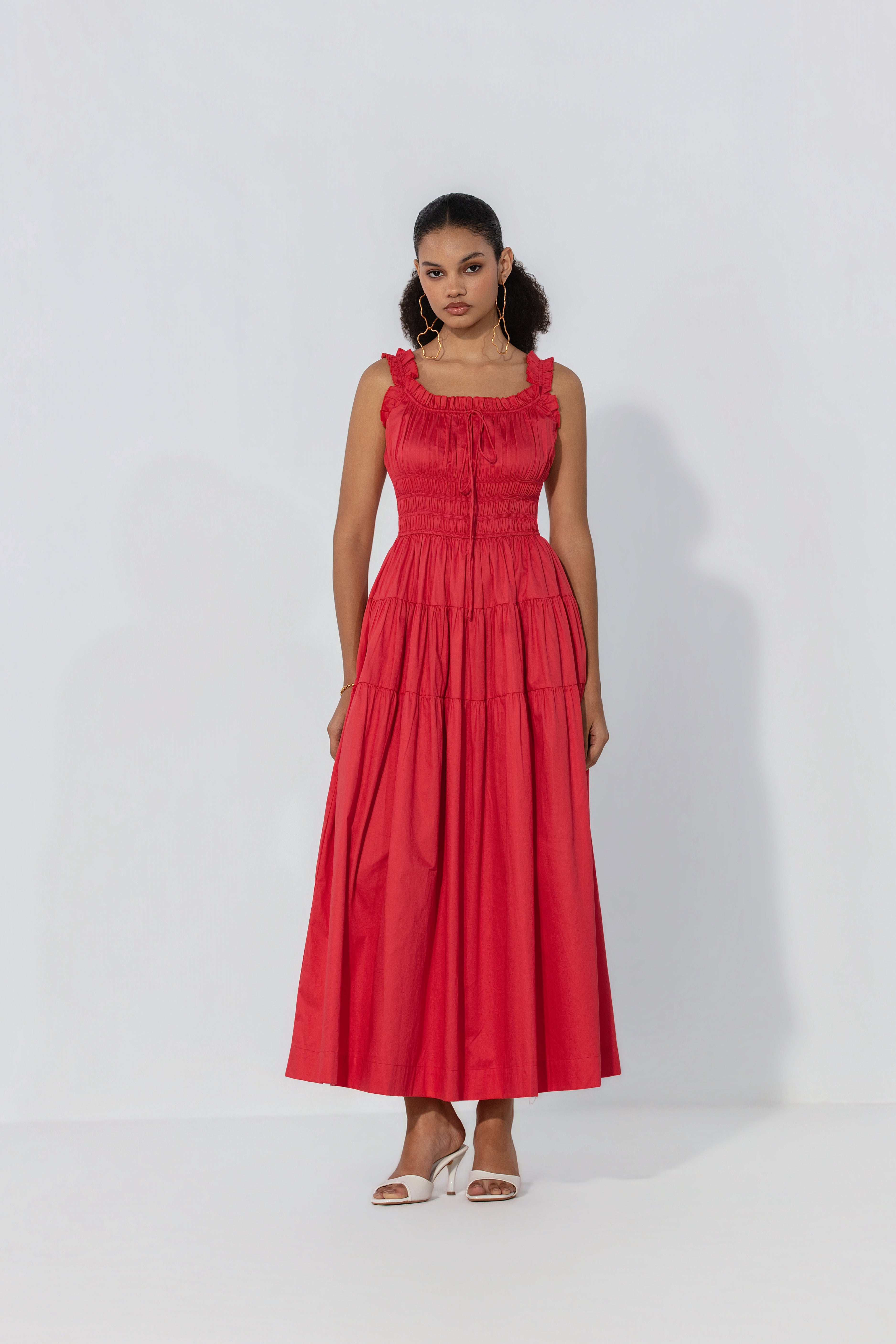 Red Smocked Tie Maxi Dress