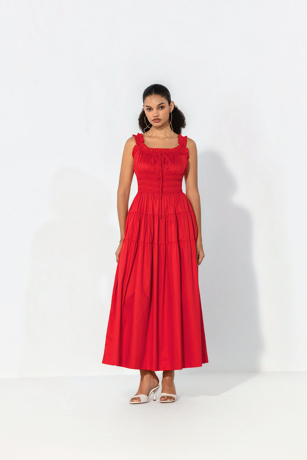 Juliana in Red smocked tie maxi dress