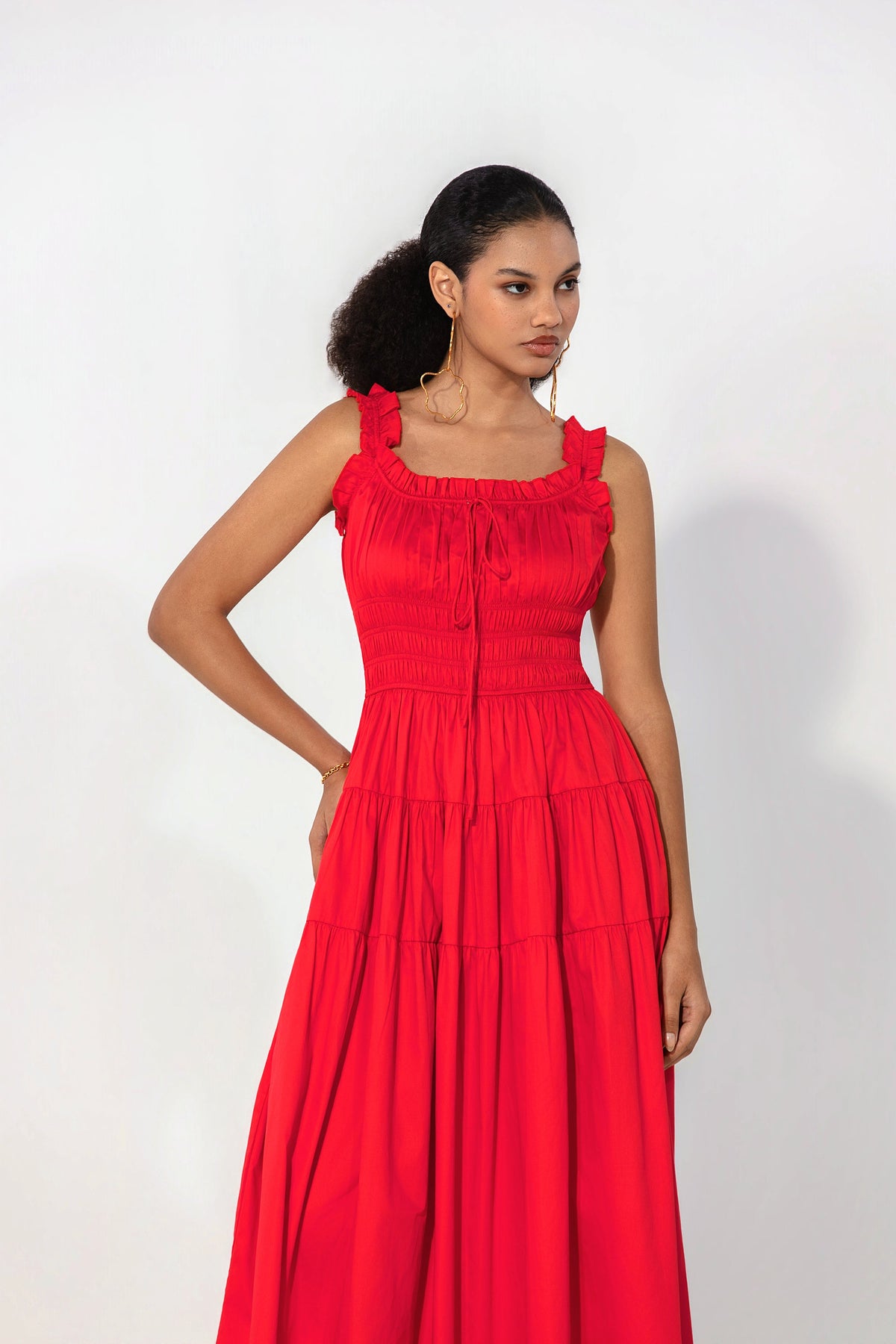 Juliana in Red smocked tie maxi dress