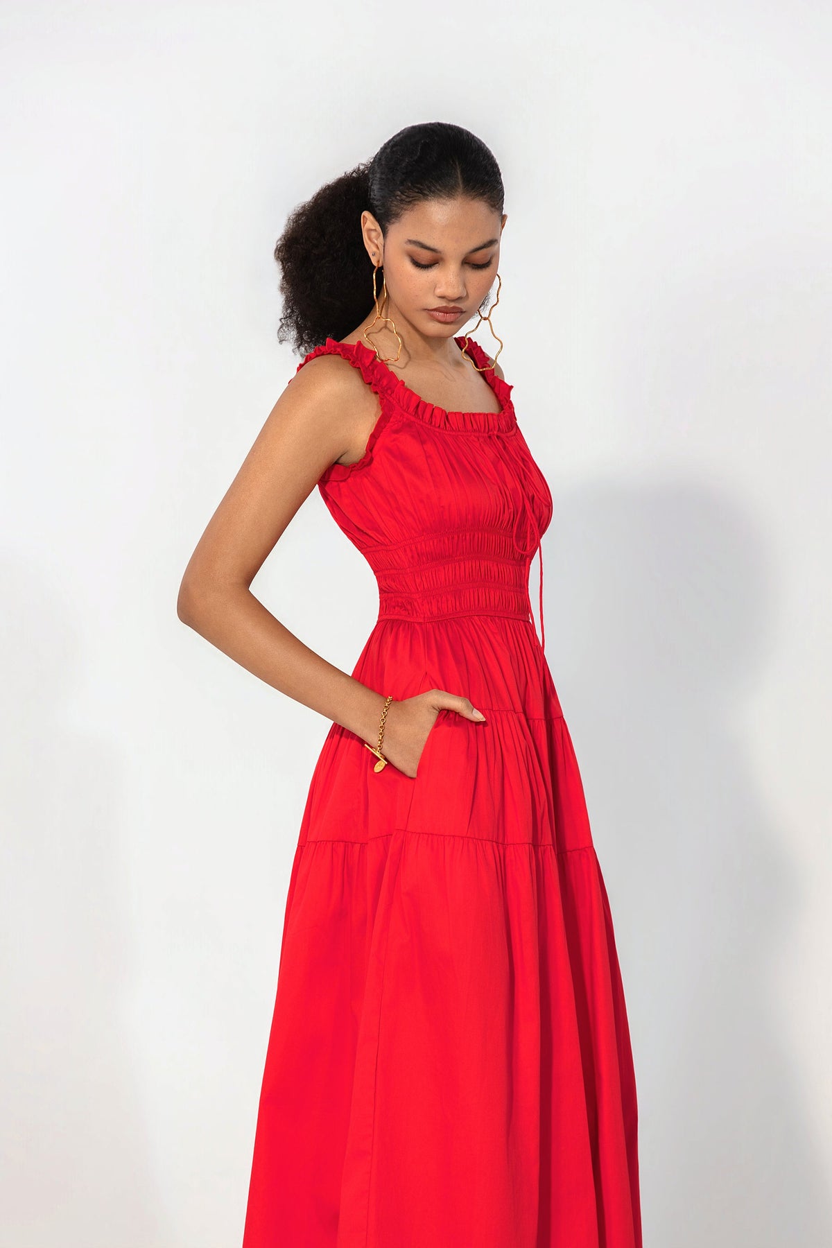 Juliana in Red smocked tie maxi dress