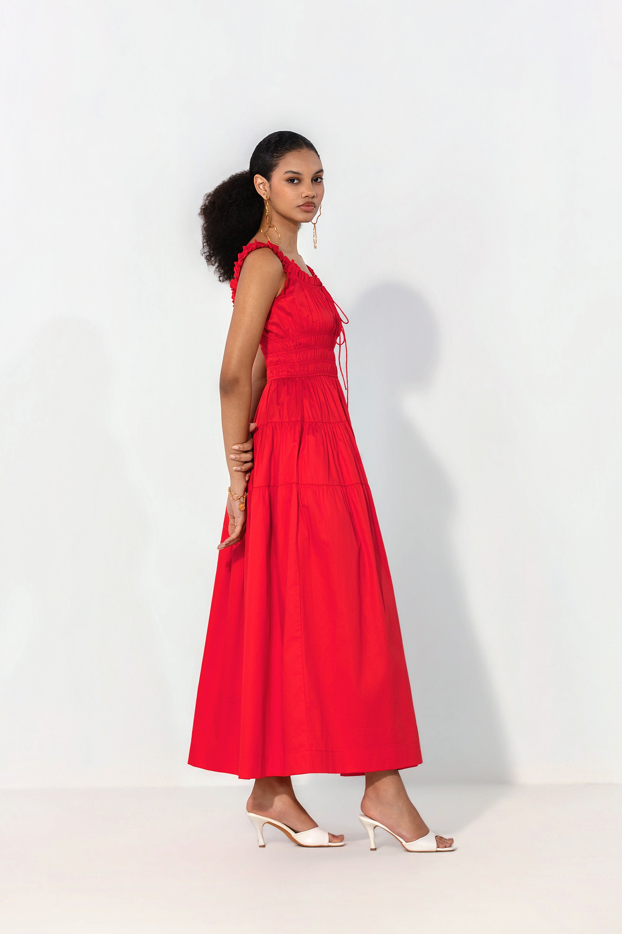 Juliana in Red smocked tie maxi dress