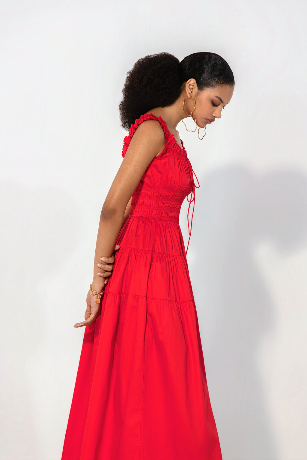 Juliana in Red smocked tie maxi dress