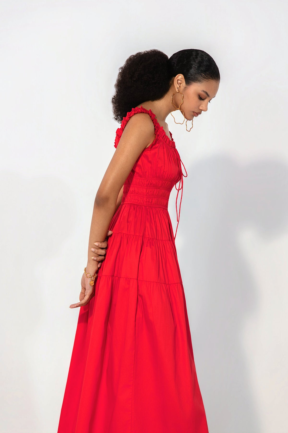 Juliana in Red smocked tie maxi dress