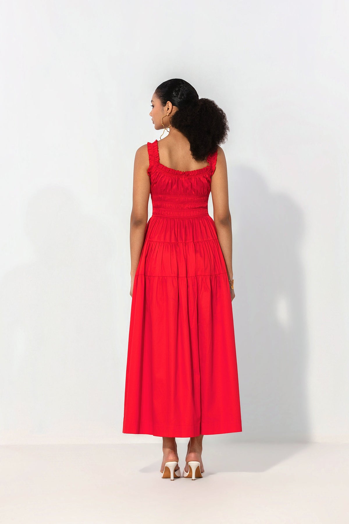 Juliana in Red smocked tie maxi dress