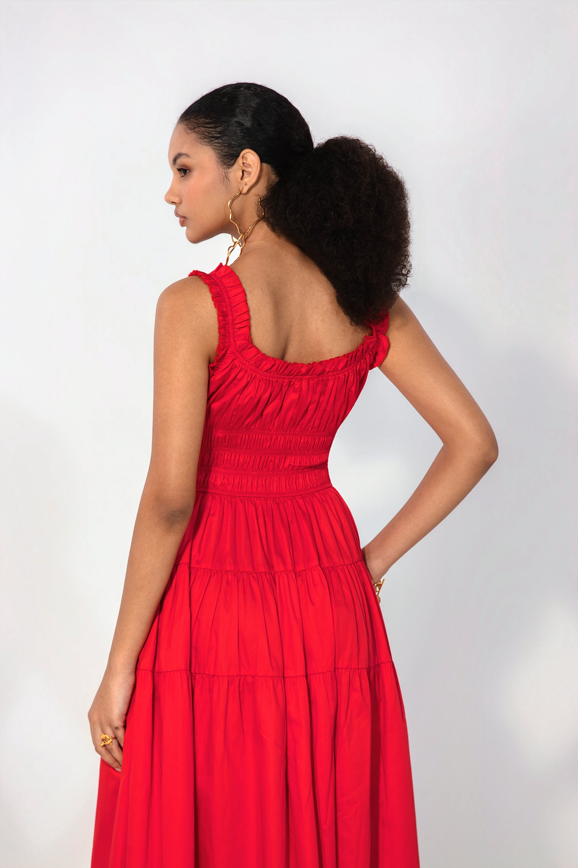 Juliana in Red smocked tie maxi dress