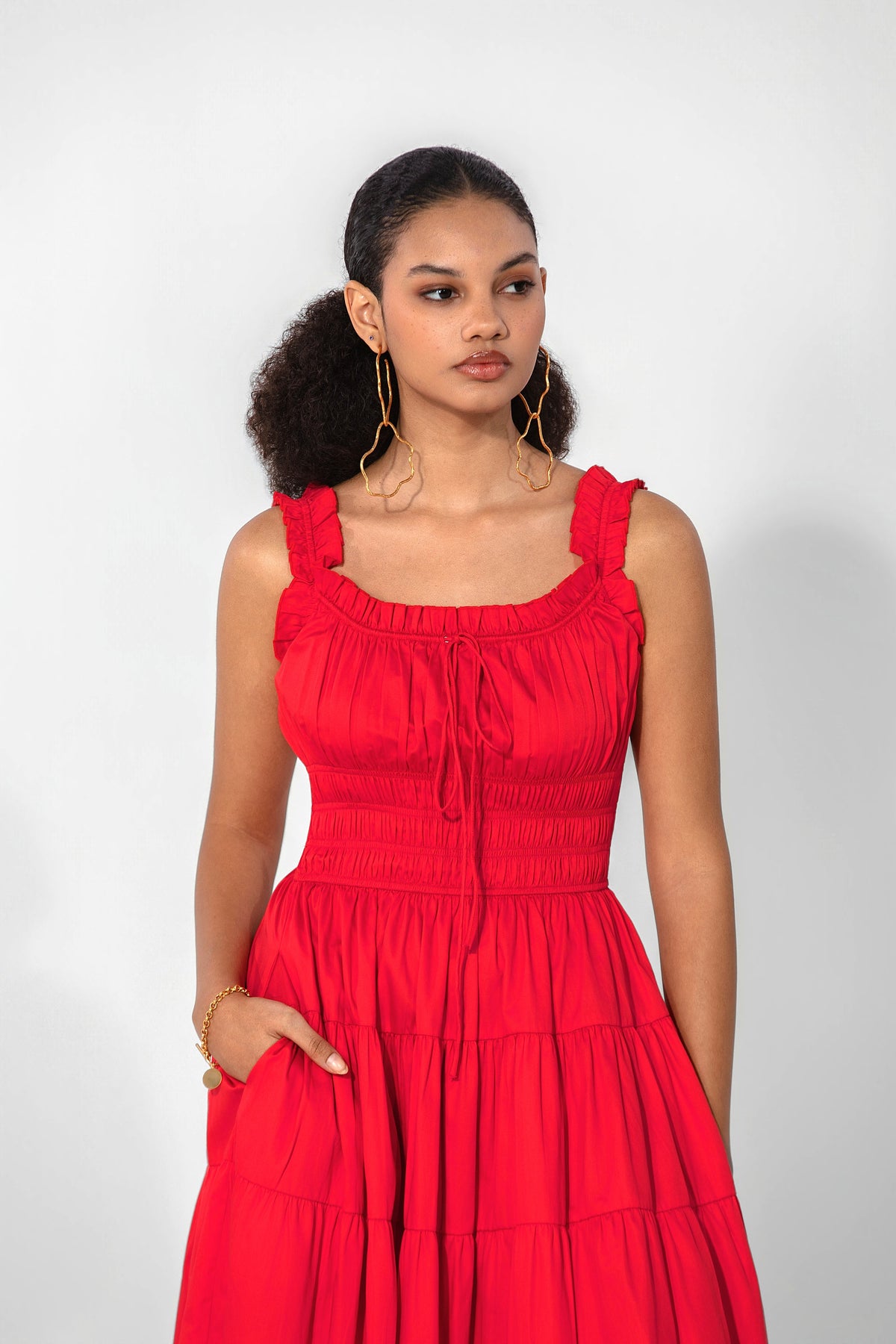 Juliana in Red smocked tie maxi dress
