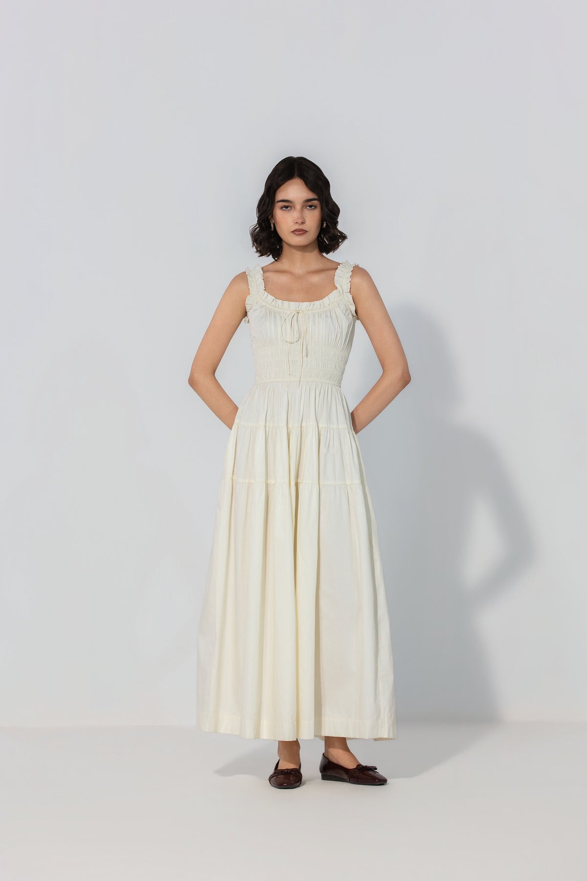 Viktora in Ivory Smocked Tie Maxi Dress