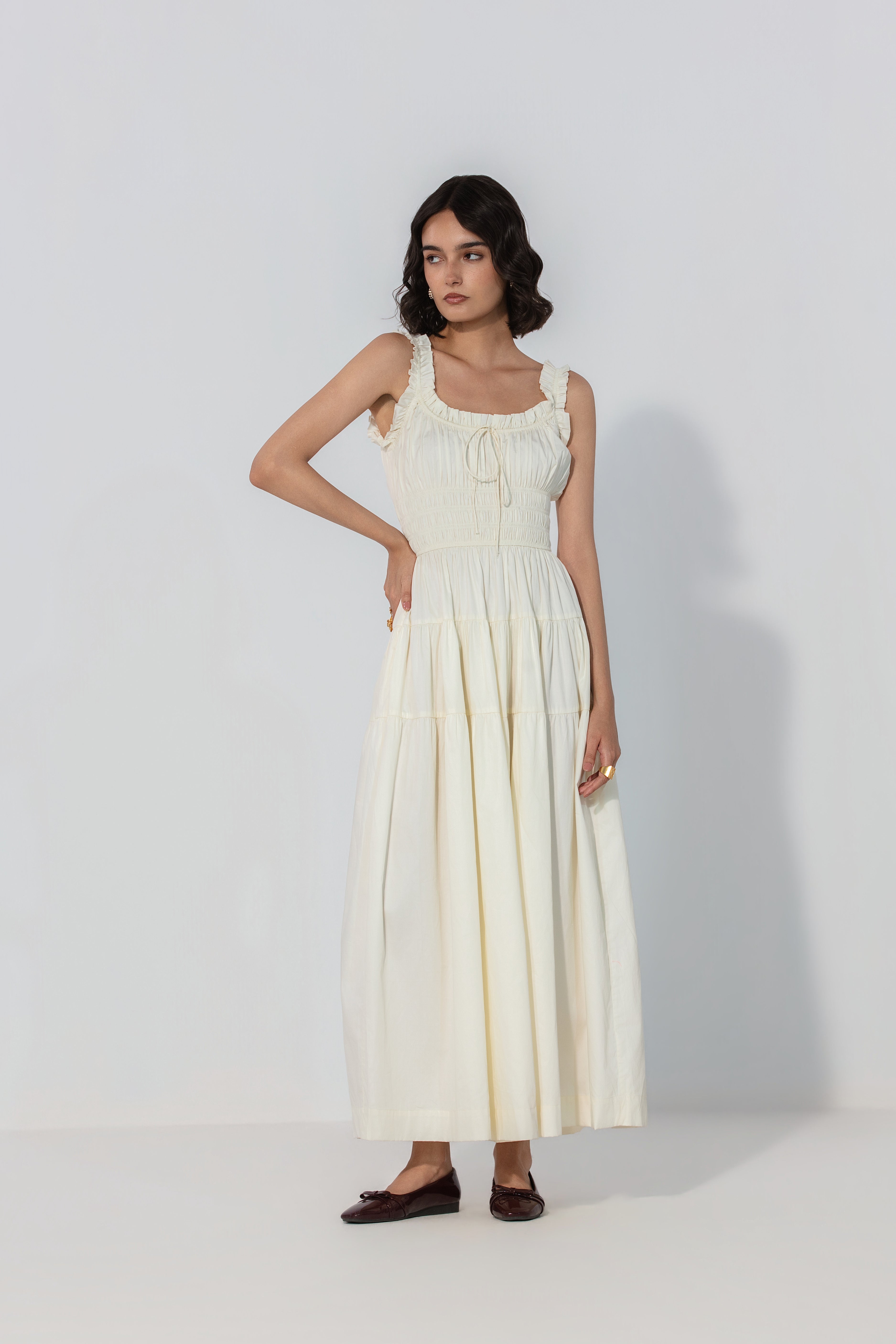 Ivory Smocked Tie Maxi Dress