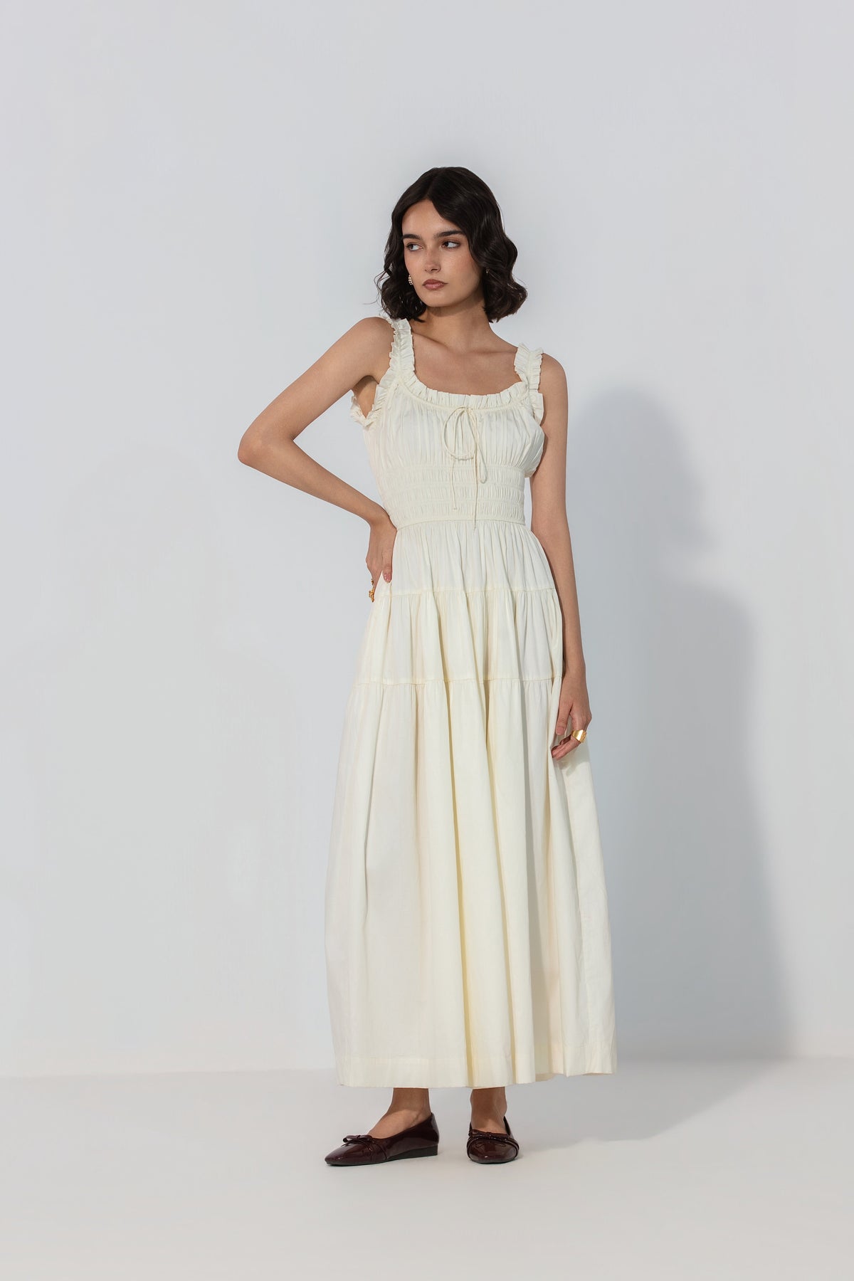 Viktora in Ivory Smocked Tie Maxi Dress