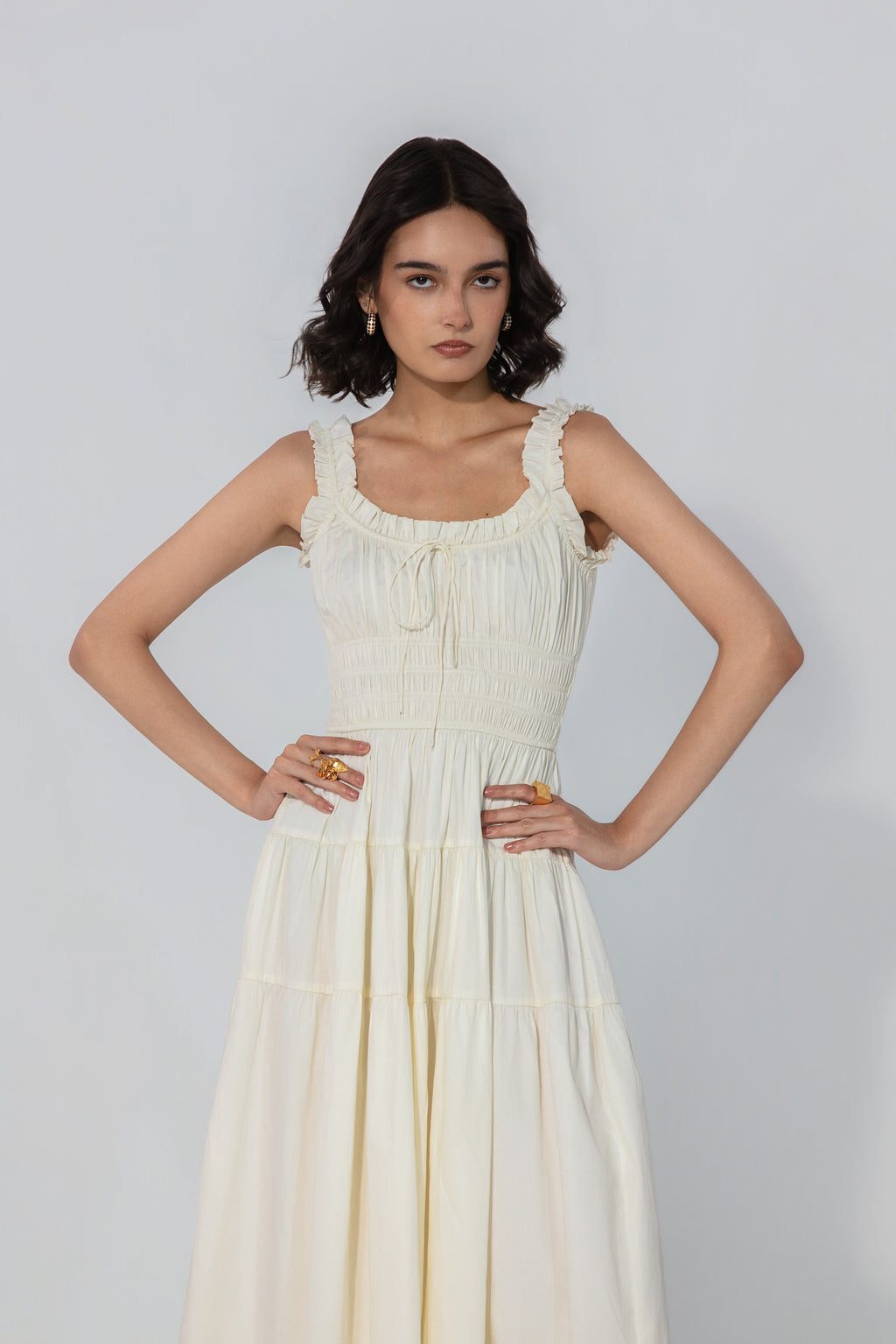 Viktora in Ivory Smocked Tie Maxi Dress