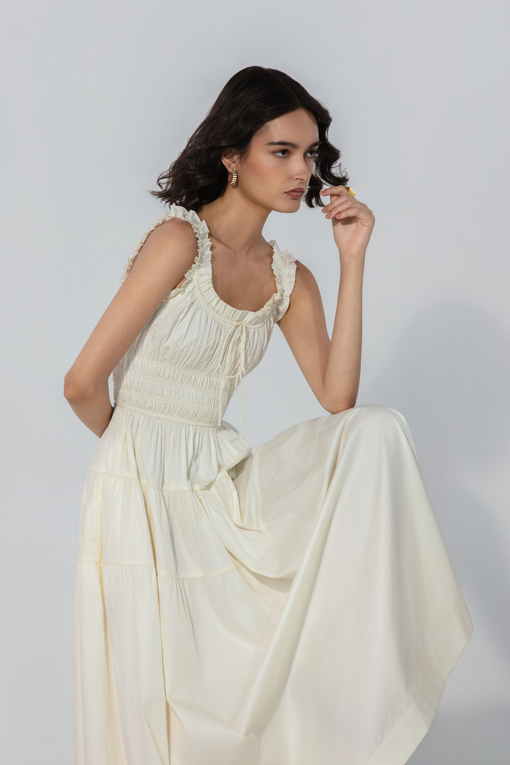 Viktora in Ivory Smocked Tie Maxi Dress