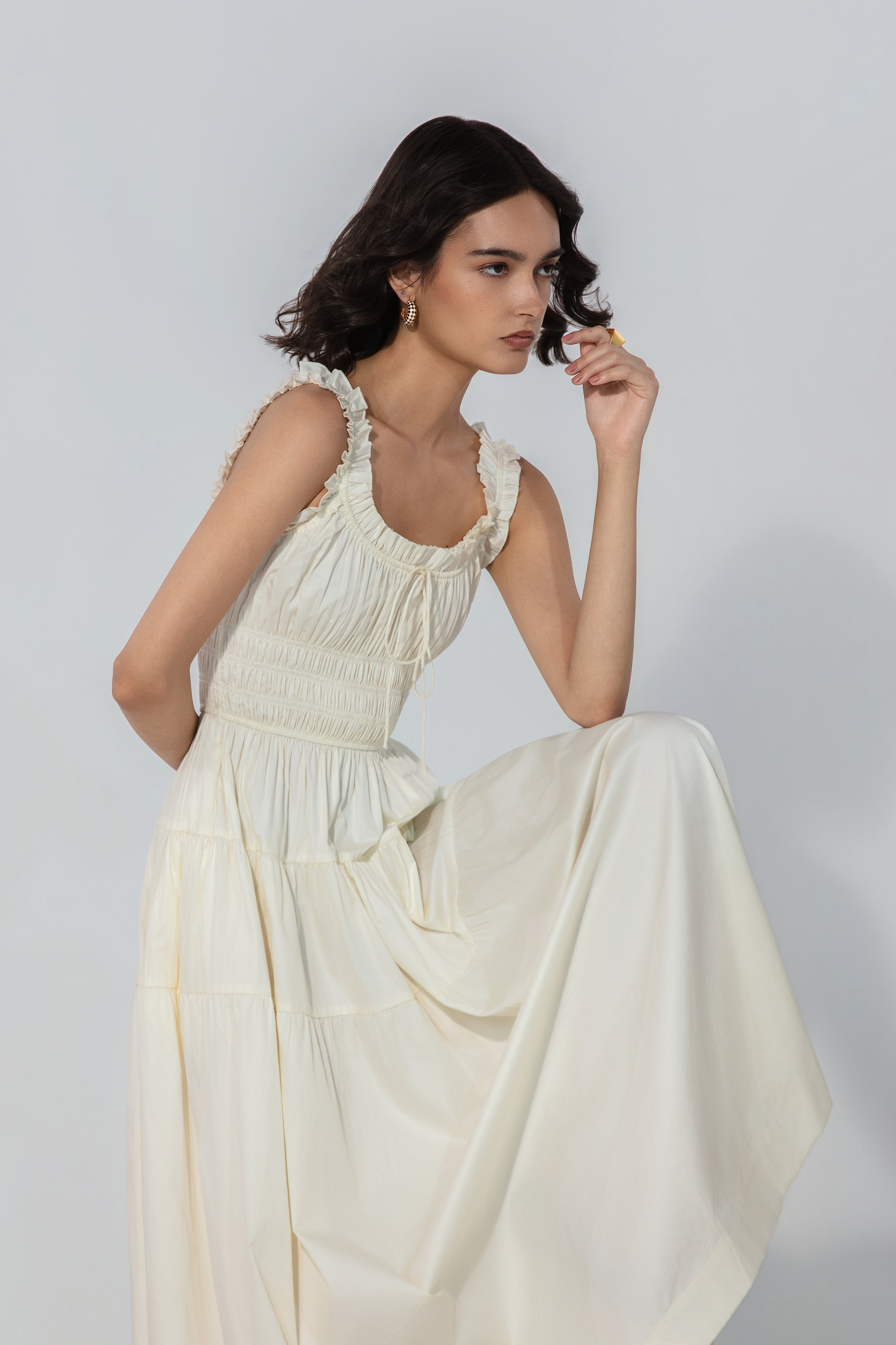 Viktora in Ivory Smocked Tie Maxi Dress
