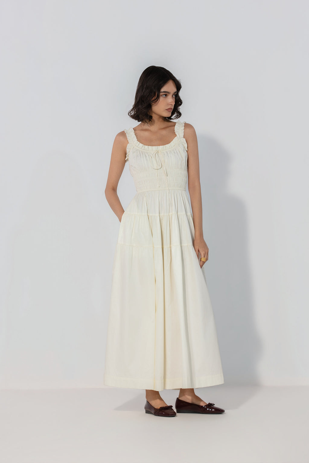 Viktora in Ivory Smocked Tie Maxi Dress