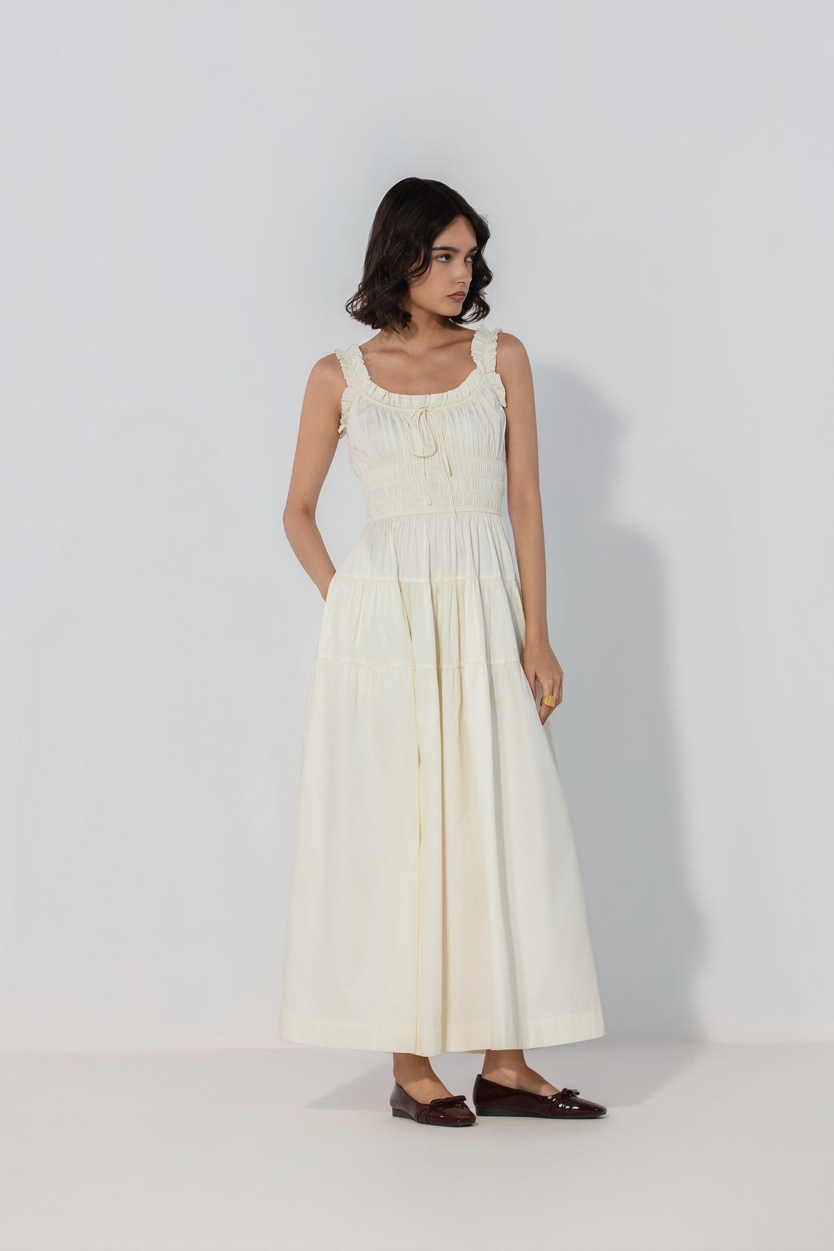Viktora in Ivory Smocked Tie Maxi Dress