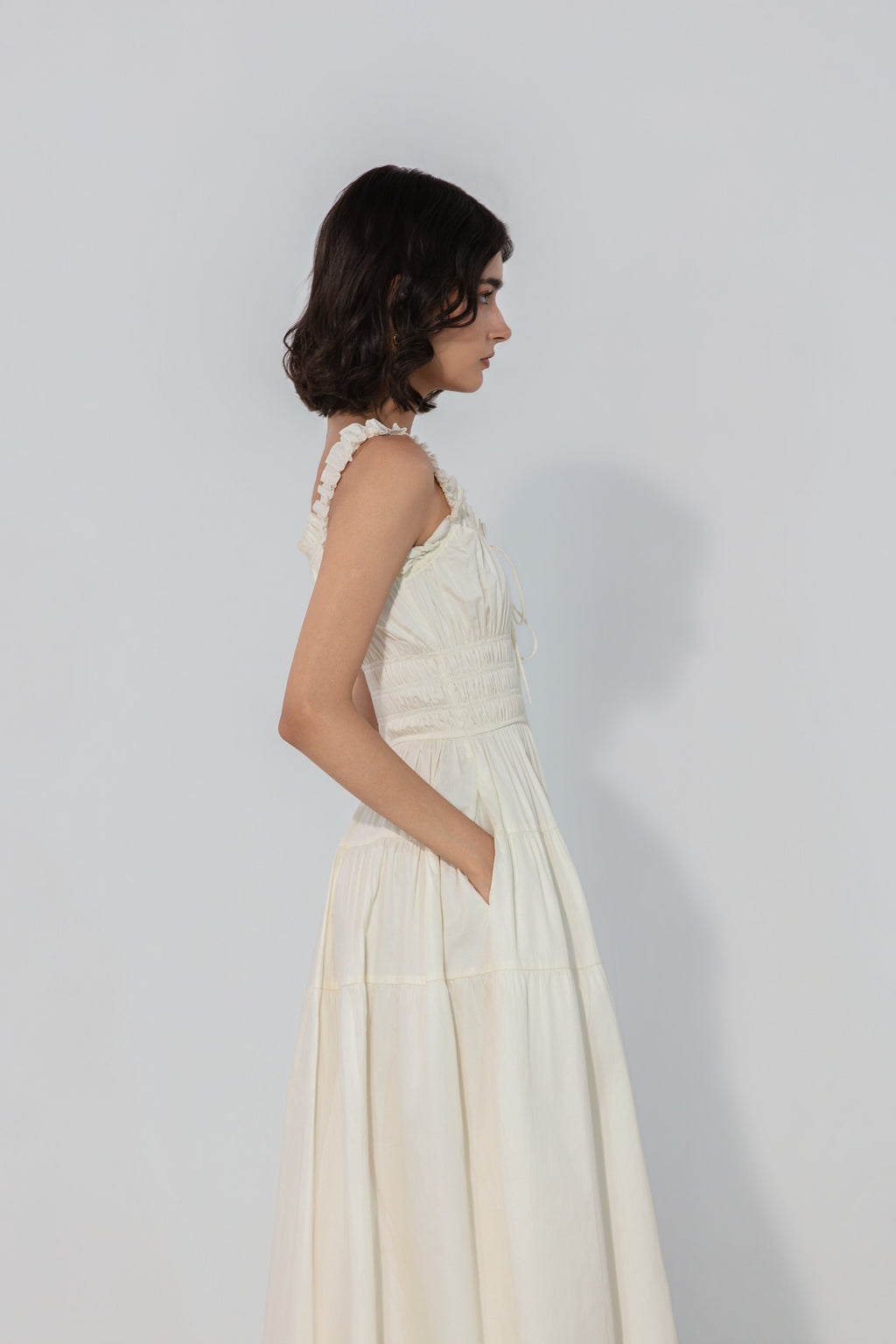 Viktora in Ivory Smocked Tie Maxi Dress