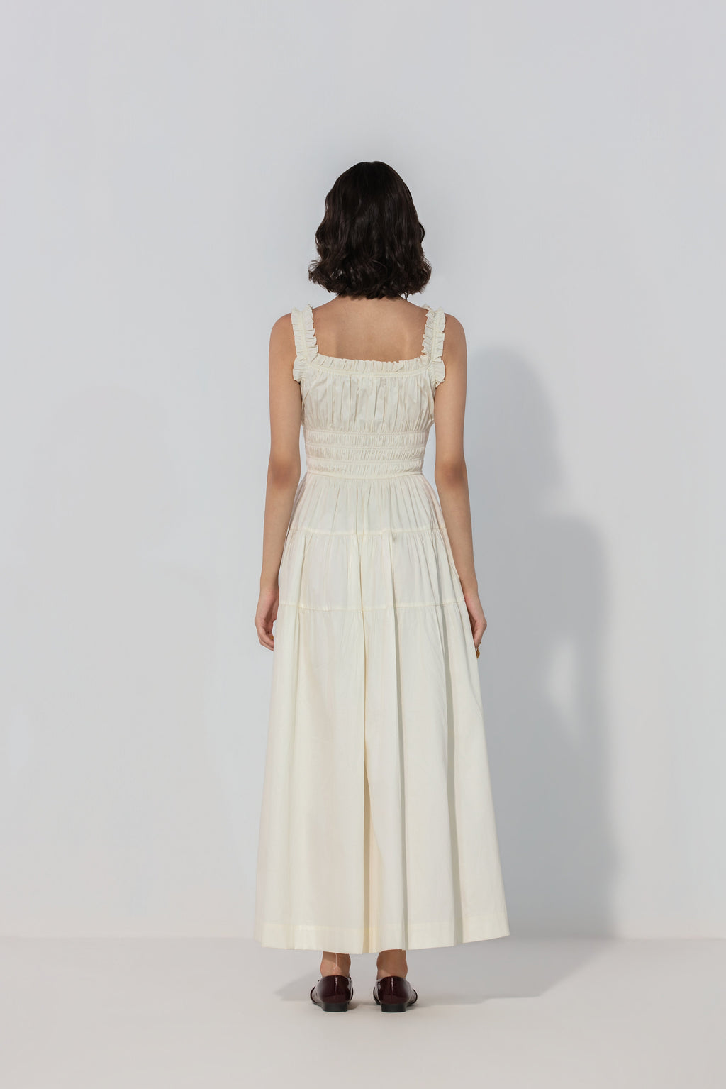 Viktora in Ivory Smocked Tie Maxi Dress