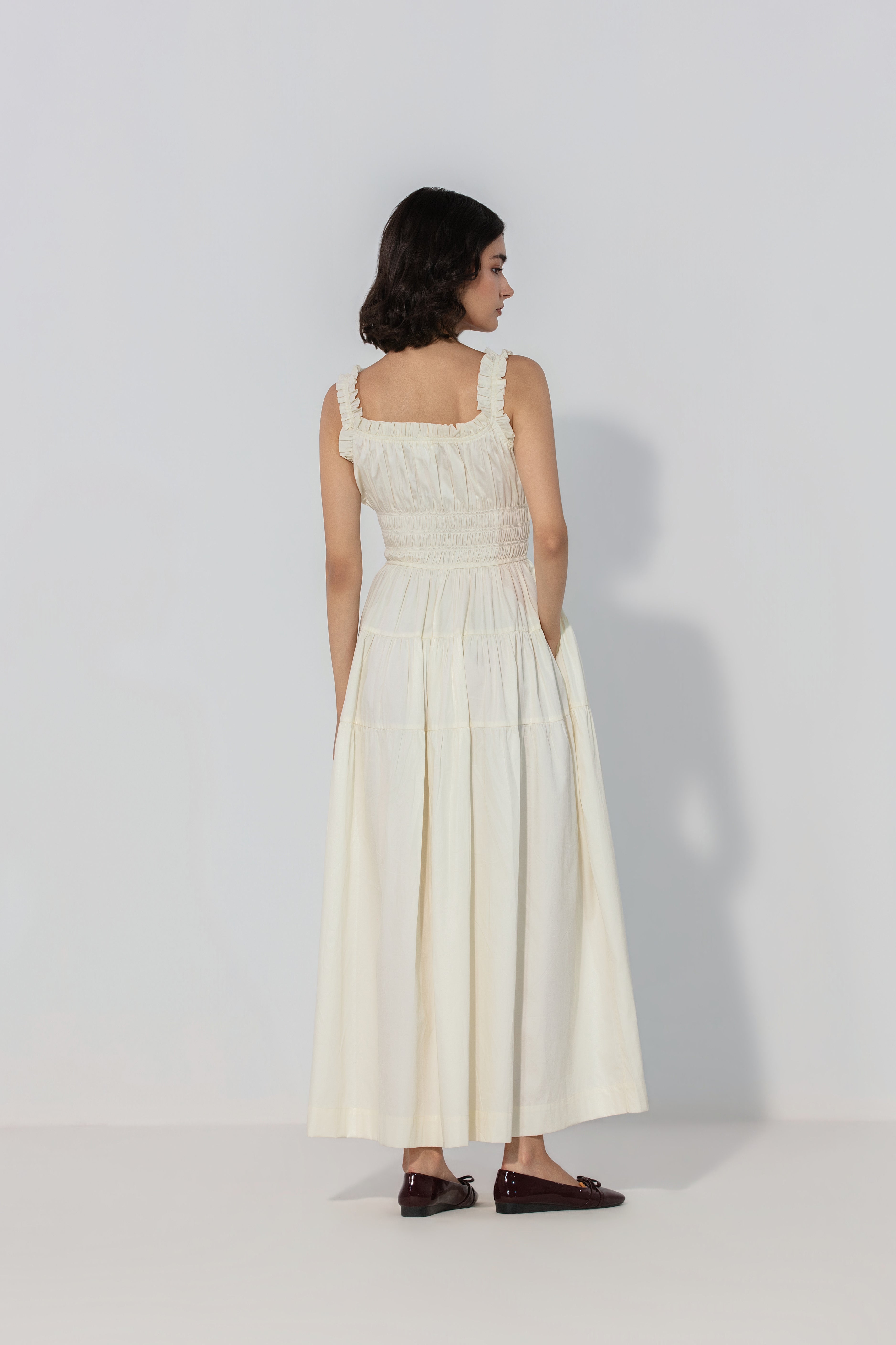 Viktora in Ivory Smocked Tie Maxi Dress