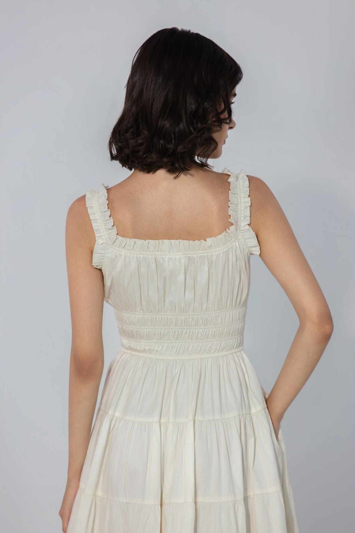Viktora in Ivory Smocked Tie Maxi Dress