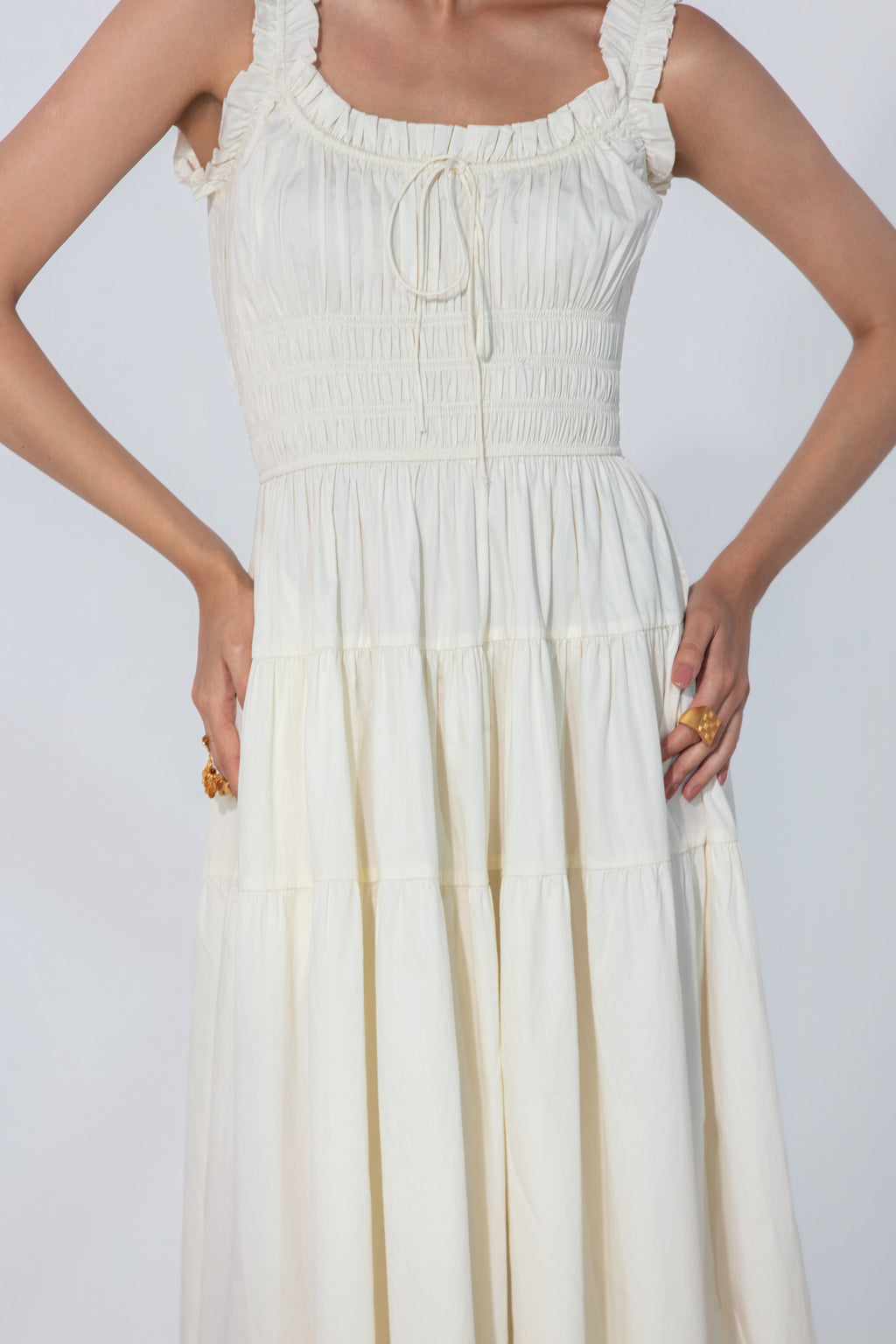 Viktora in Ivory Smocked Tie Maxi Dress
