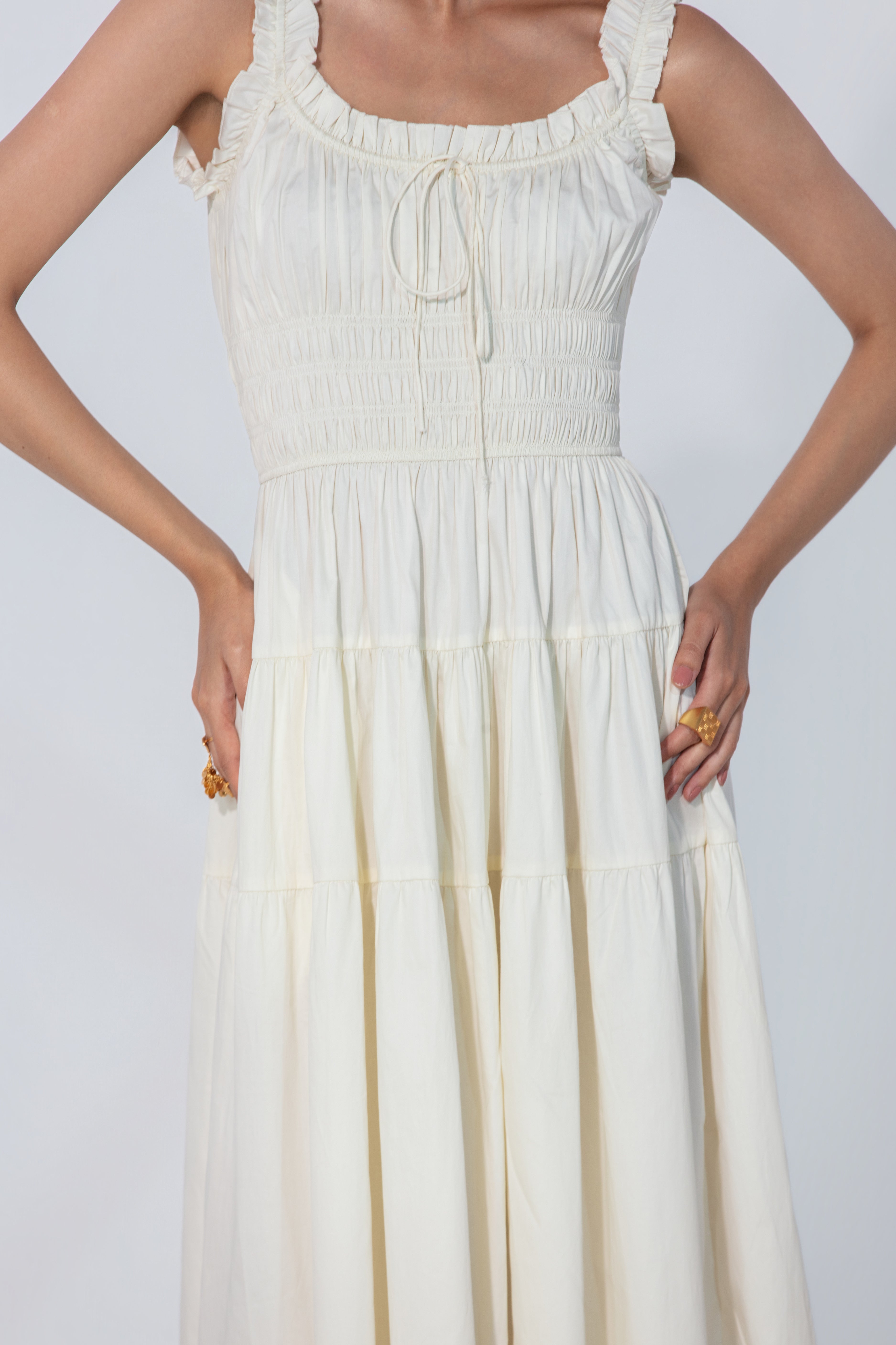 Viktora in Ivory Smocked Tie Maxi Dress