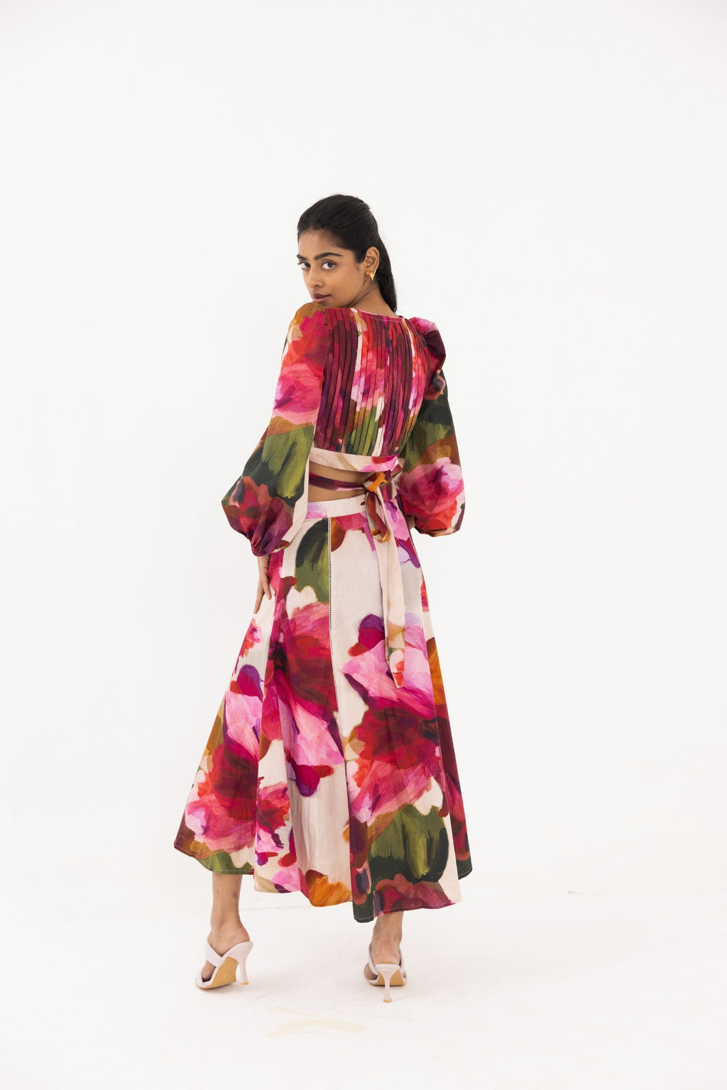 Buy long dress online: Thr3letter's designer co-ord featuring dramatic florals and puff sleeves in cotton