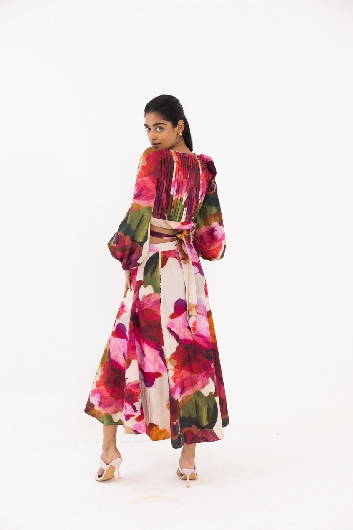 Buy long dress online: Thr3letter's designer co-ord featuring dramatic florals and puff sleeves in cotton