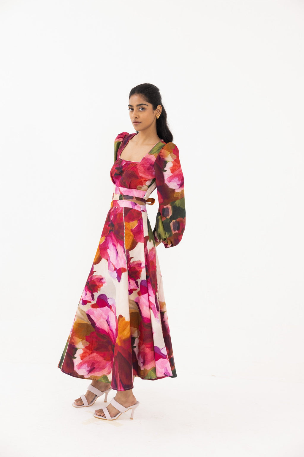 Long dress online from Thr3letter: Premium organic cotton two-piece with bold floral print and square neck