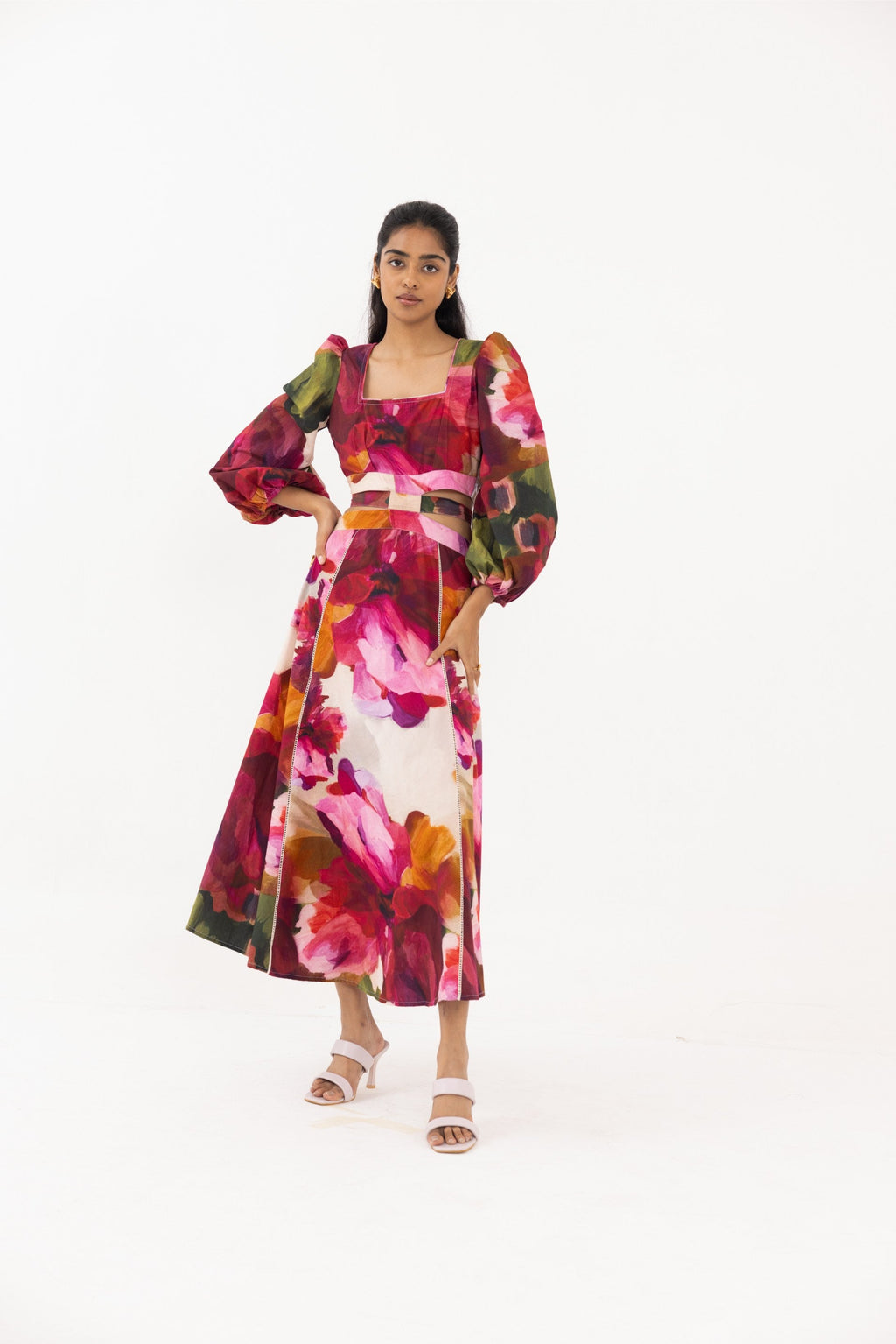 Long dress online shopping at Thr3letter: Floral print organic cotton set with balloon sleeves and cut-outs