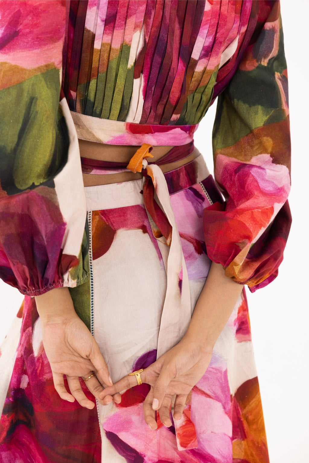 Thr3letter long dress online: Statement floral co-ord set in pink and burgundy organic cotton poplin