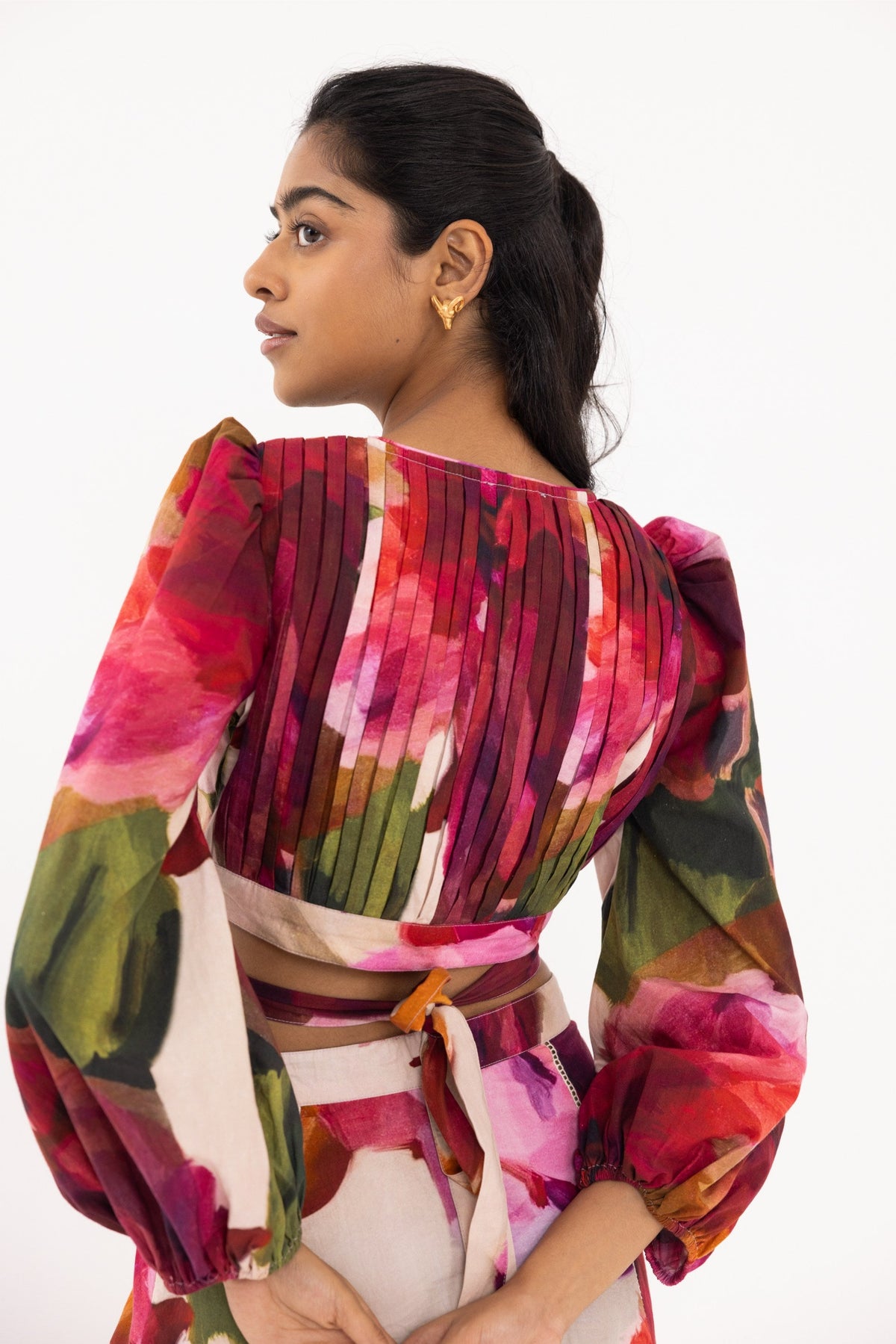 Buy long dress online: Thr3letter's maxi co-ord in organic cotton with artistic rose print and cut-outs