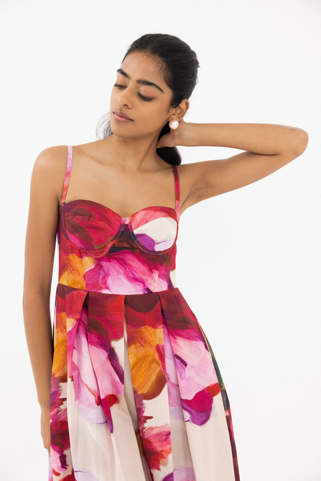 Thr3letter Zahra Padded Dress designed with vibrant colors and eco-conscious silk-cotton fabric.
