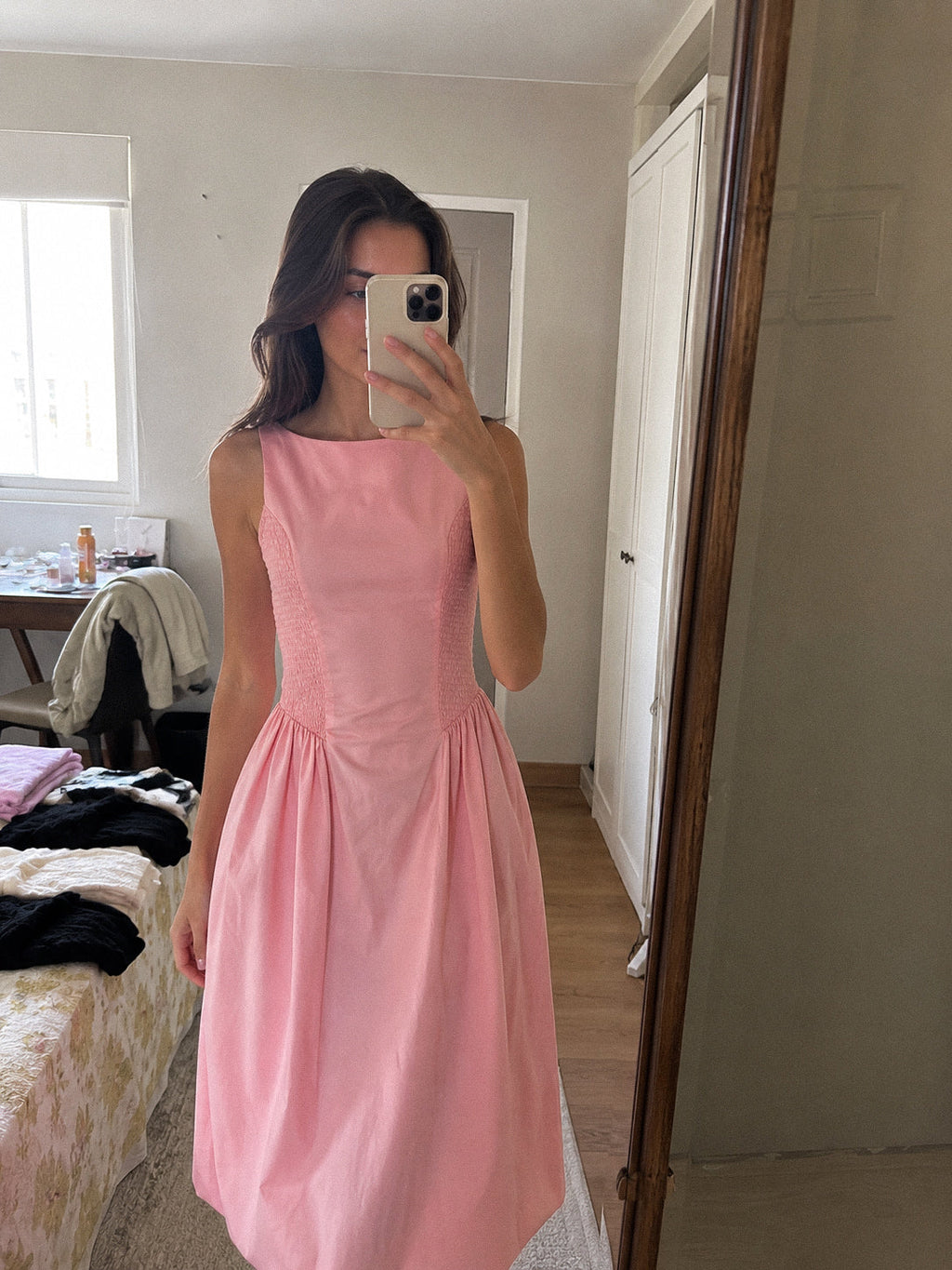 Rebecca in Blush Shirred Panel Maxi Dress