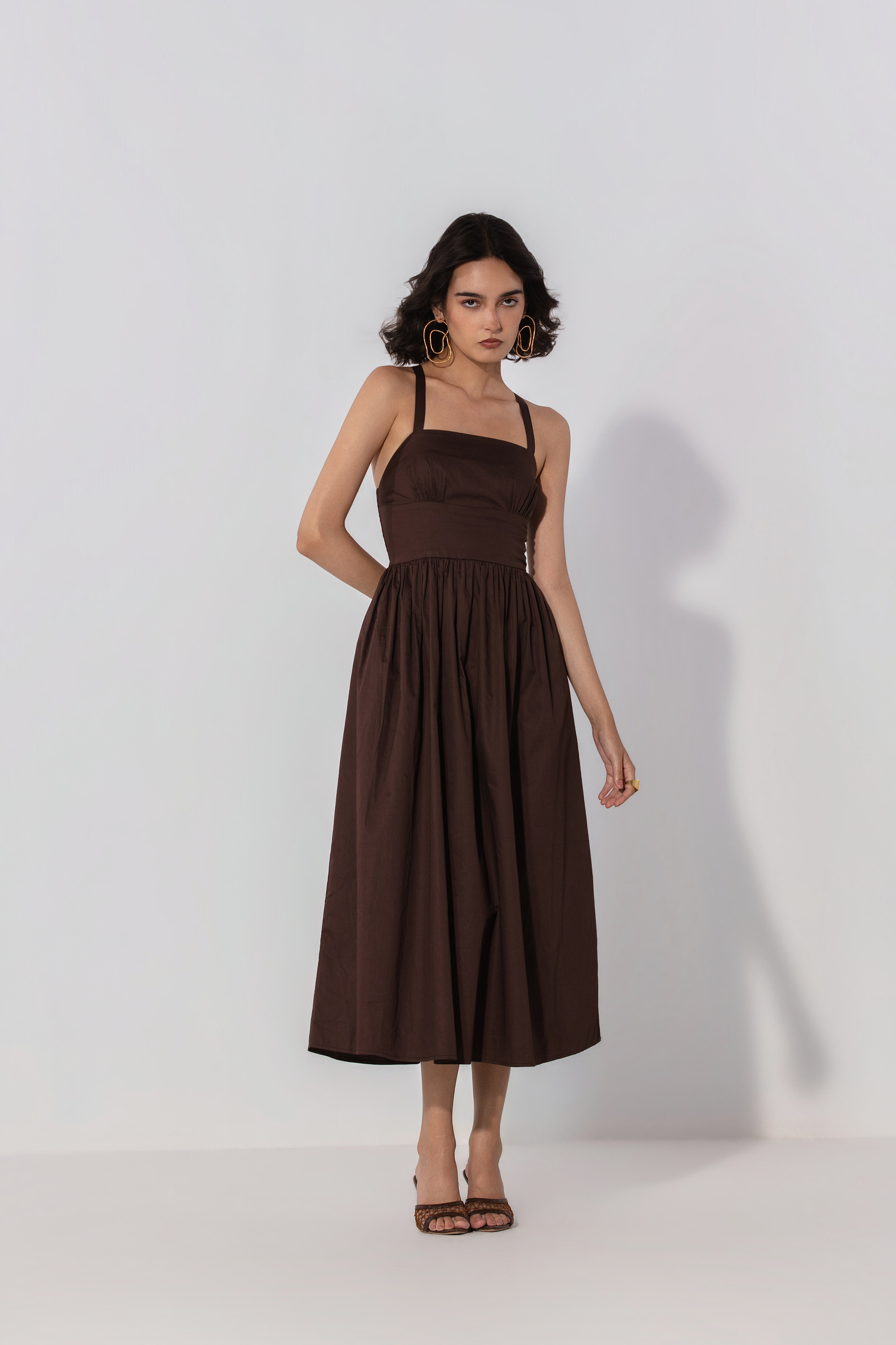 Priyanka in Chocolate Gathered Cotton Silk Midi Dress