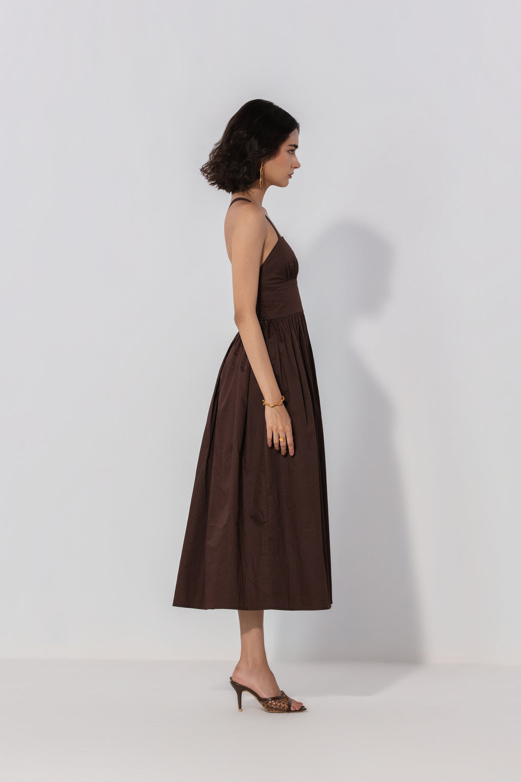 Chocolate Gathered Cotton Silk Midi Dress