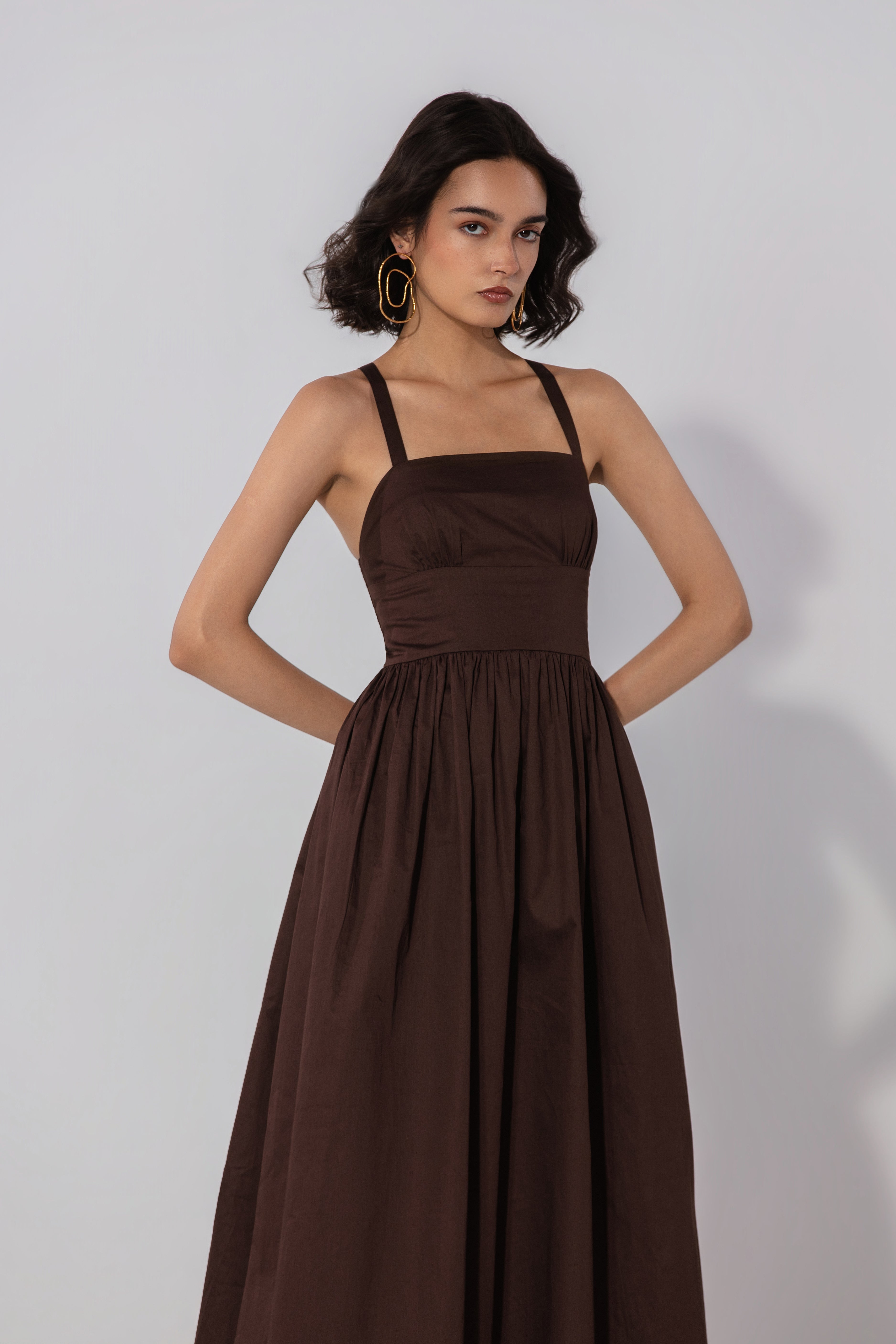 Priyanka in Chocolate Gathered Cotton Silk Midi Dress