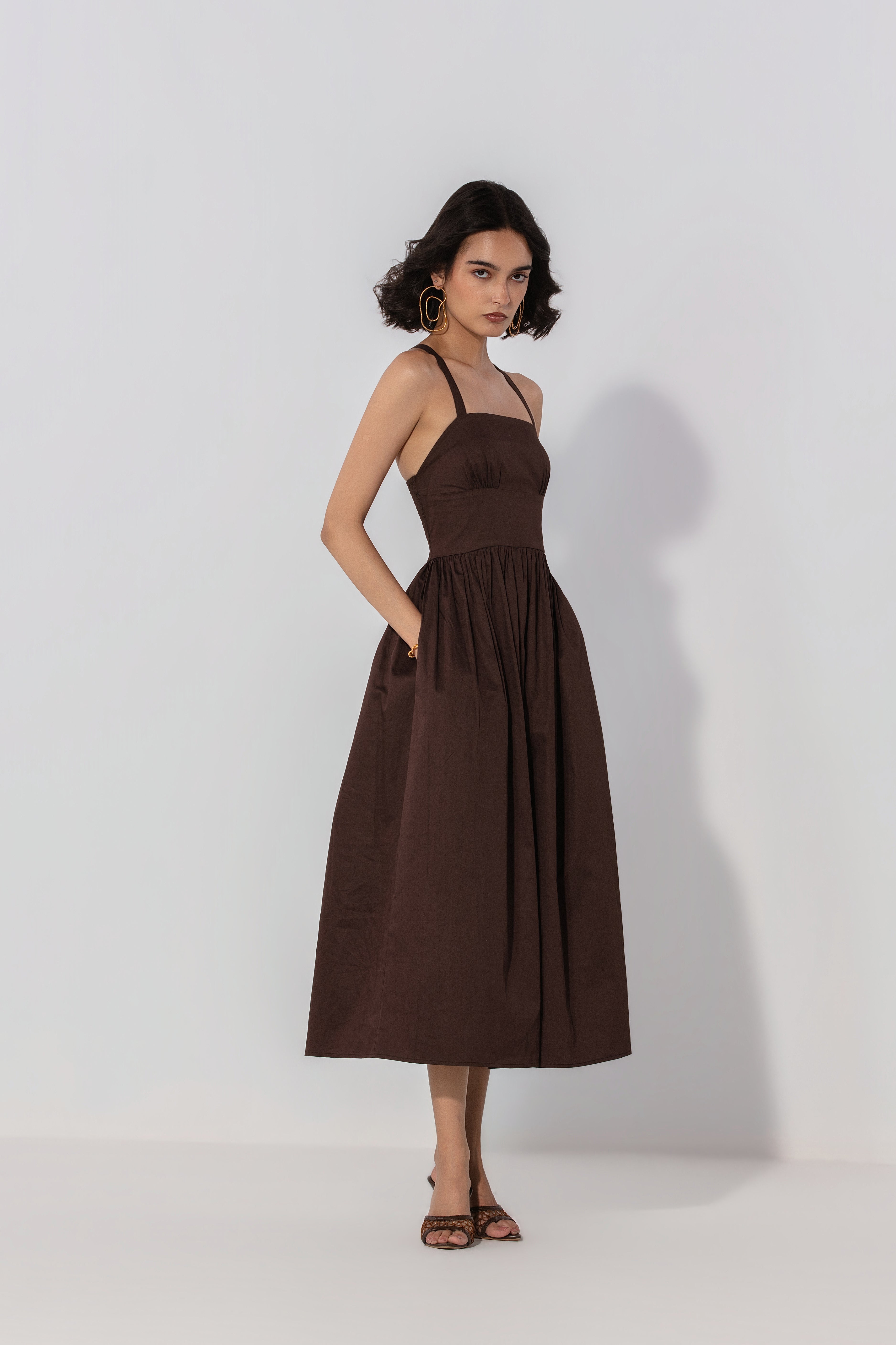 Priyanka in Chocolate Gathered Cotton Silk Midi Dress