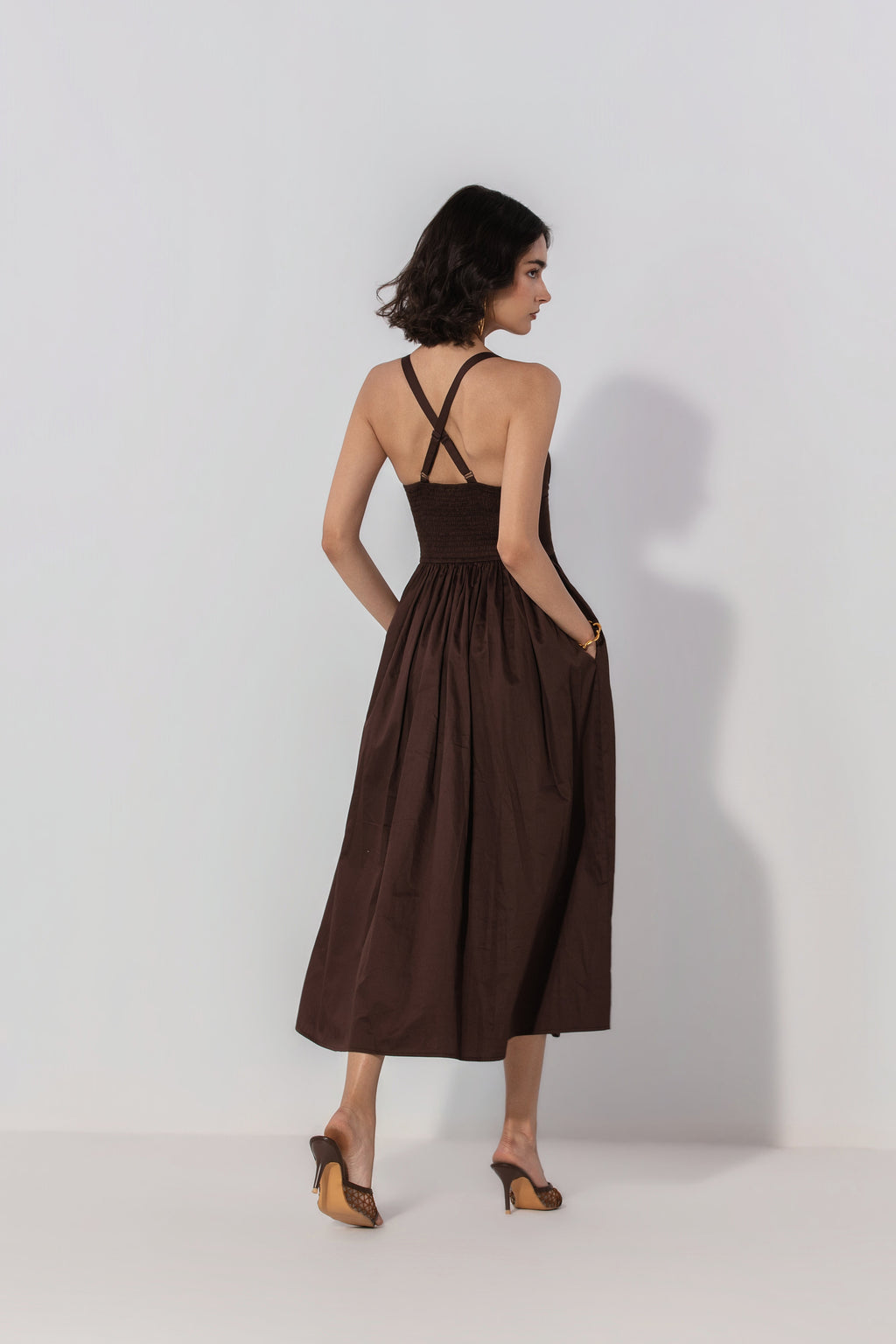 Priyanka in Chocolate Gathered Cotton Silk Midi Dress