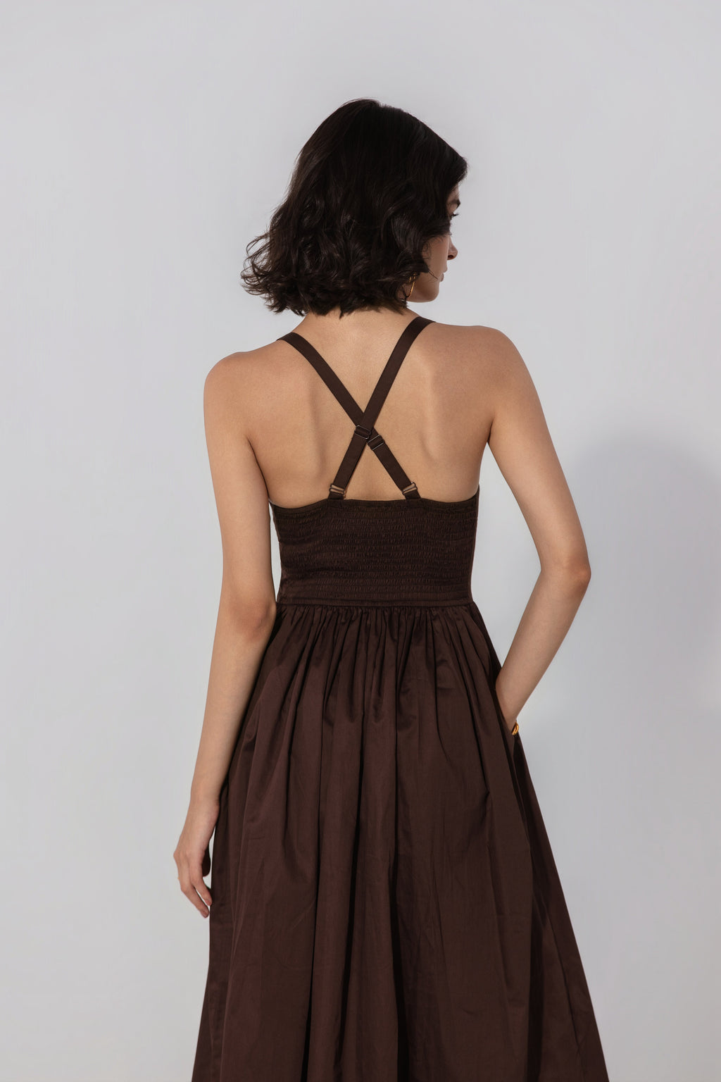 Priyanka in Chocolate Gathered Cotton Silk Midi Dress