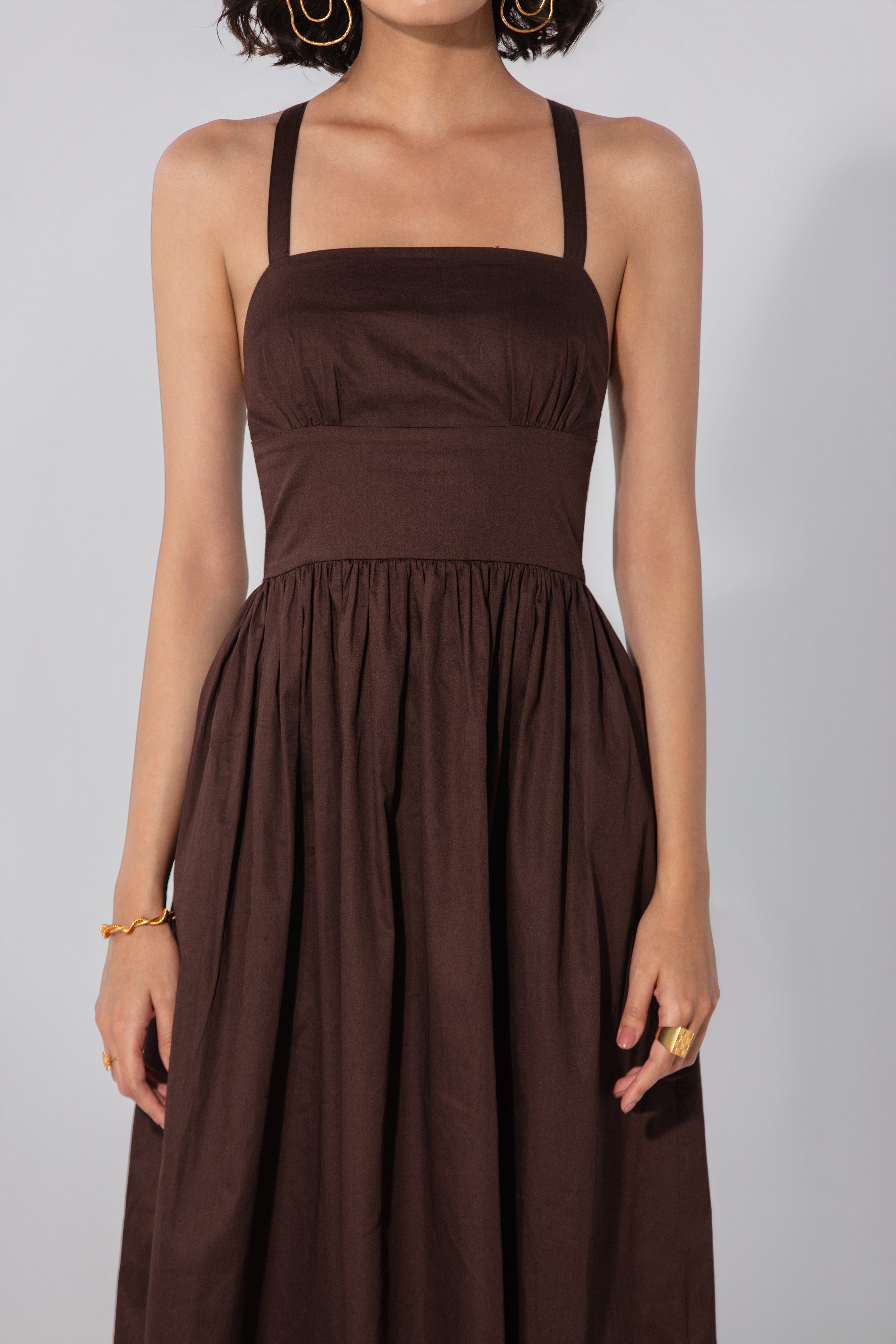 Priyanka in Chocolate Gathered Cotton Silk Midi Dress