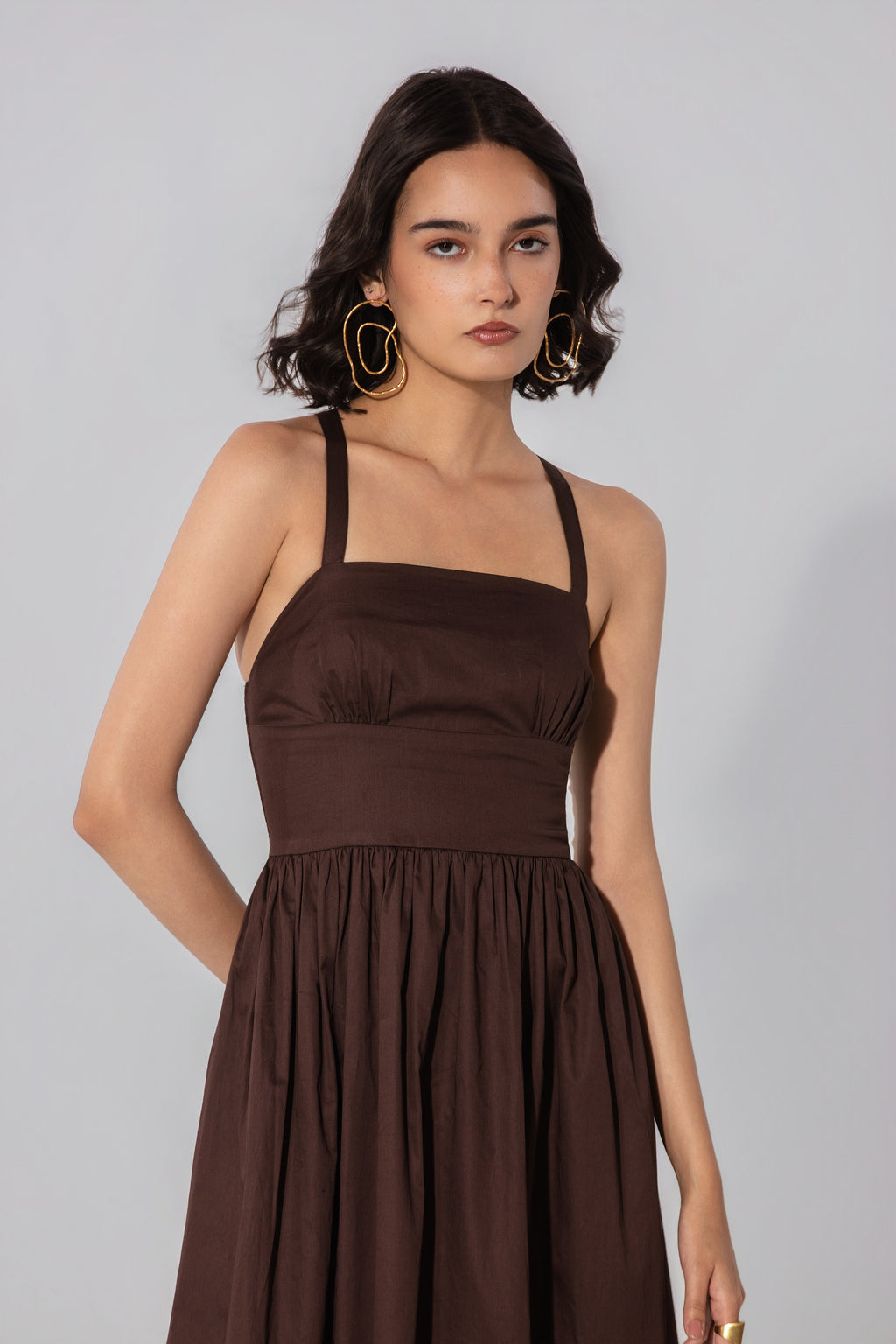 Priyanka in Chocolate Gathered Cotton Silk Midi Dress