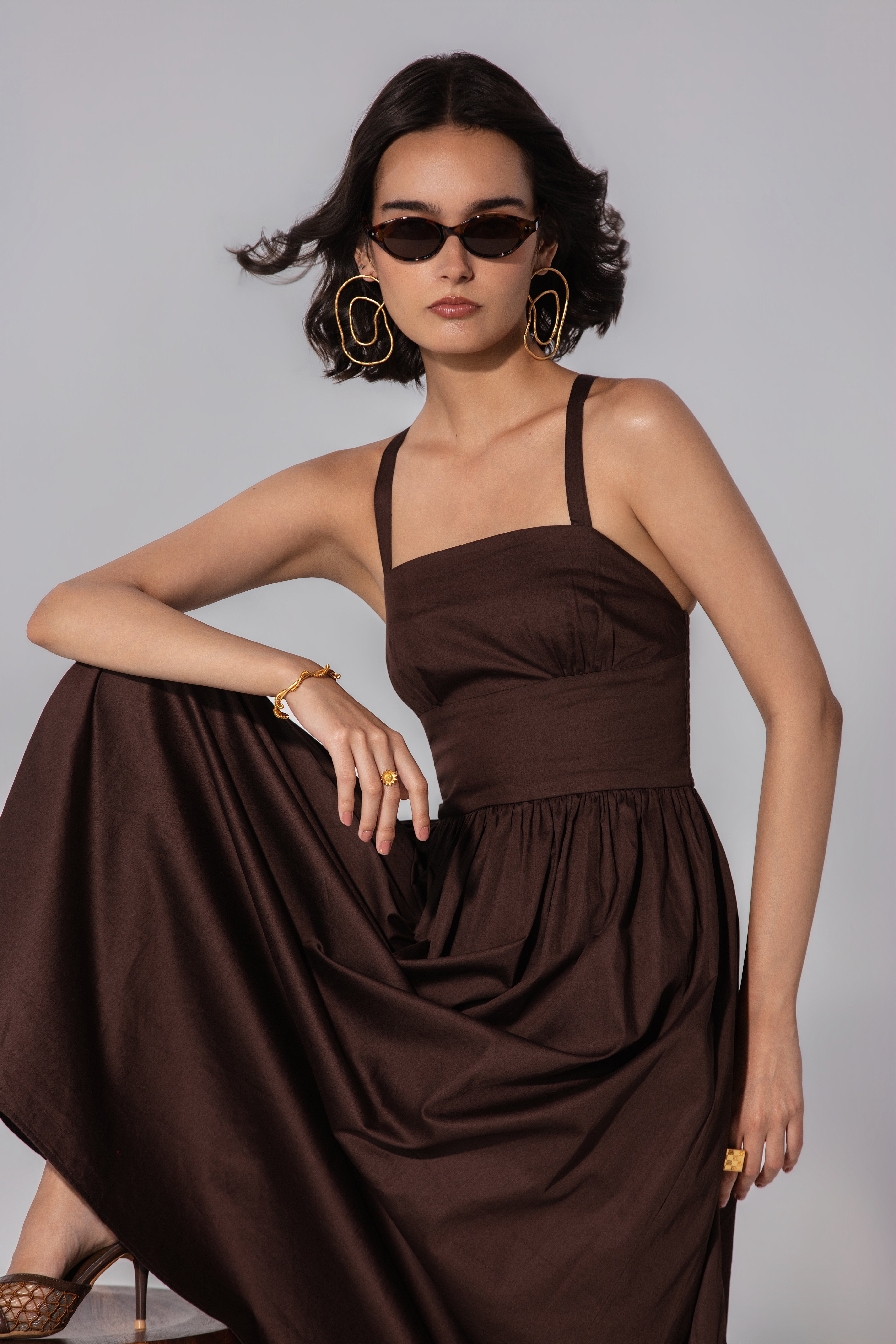 Priyanka in Chocolate Gathered Cotton Silk Midi Dress