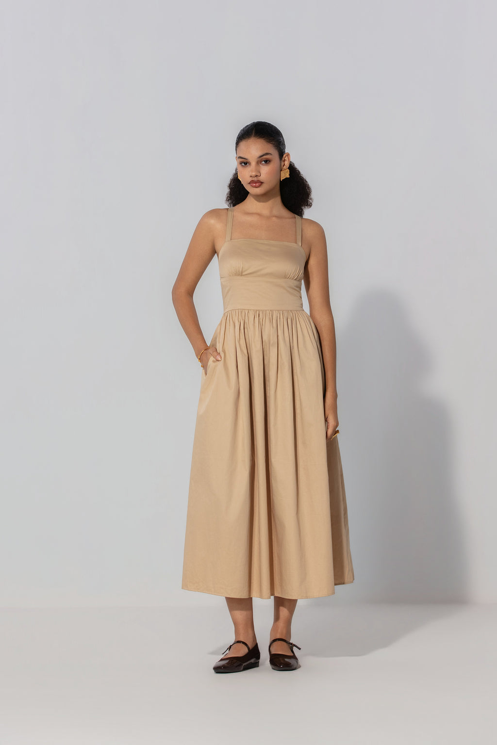 Shristy in Sand Gathered Cotton Silk Midi Dress