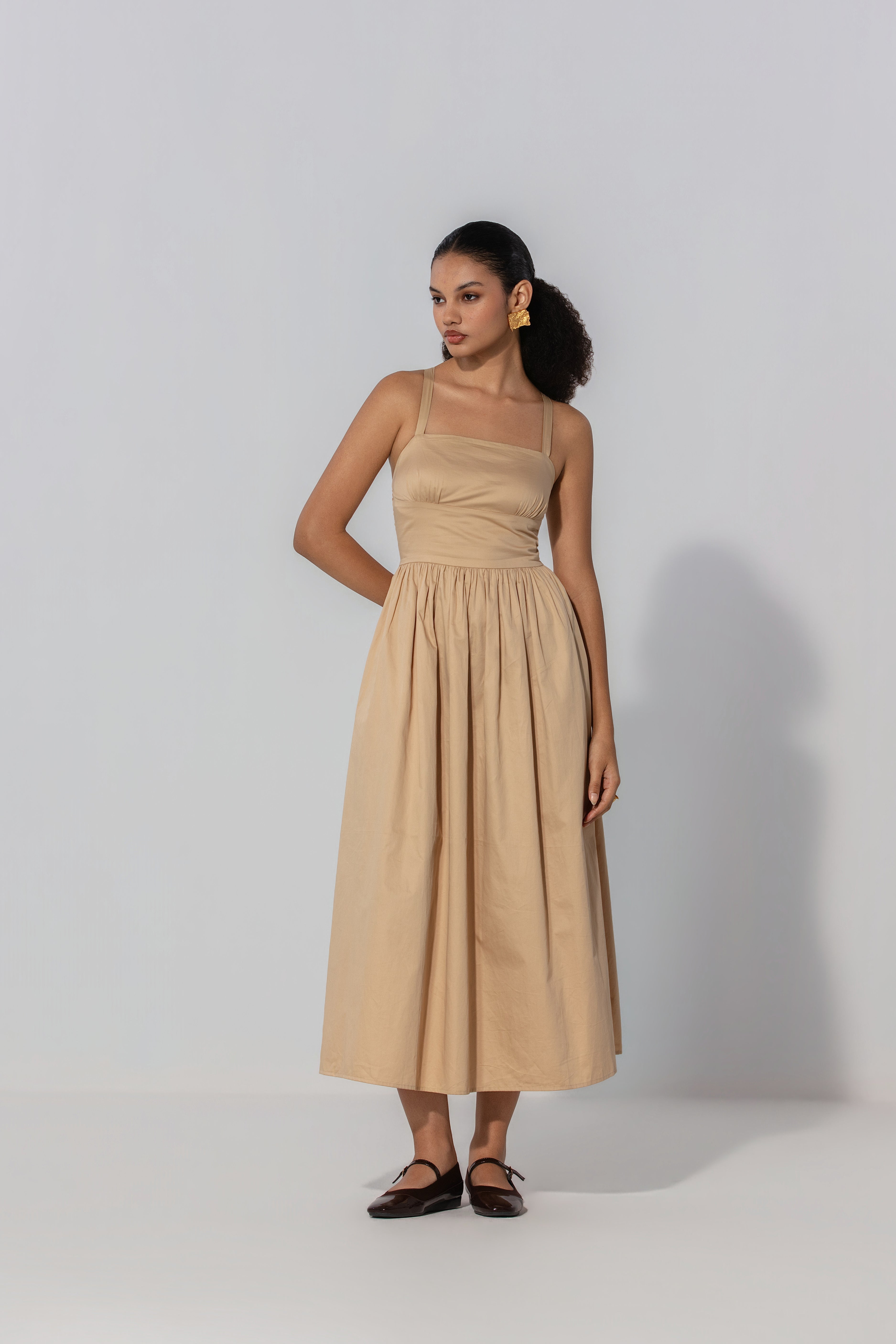 Sand Gathered Cotton Silk Midi Dress