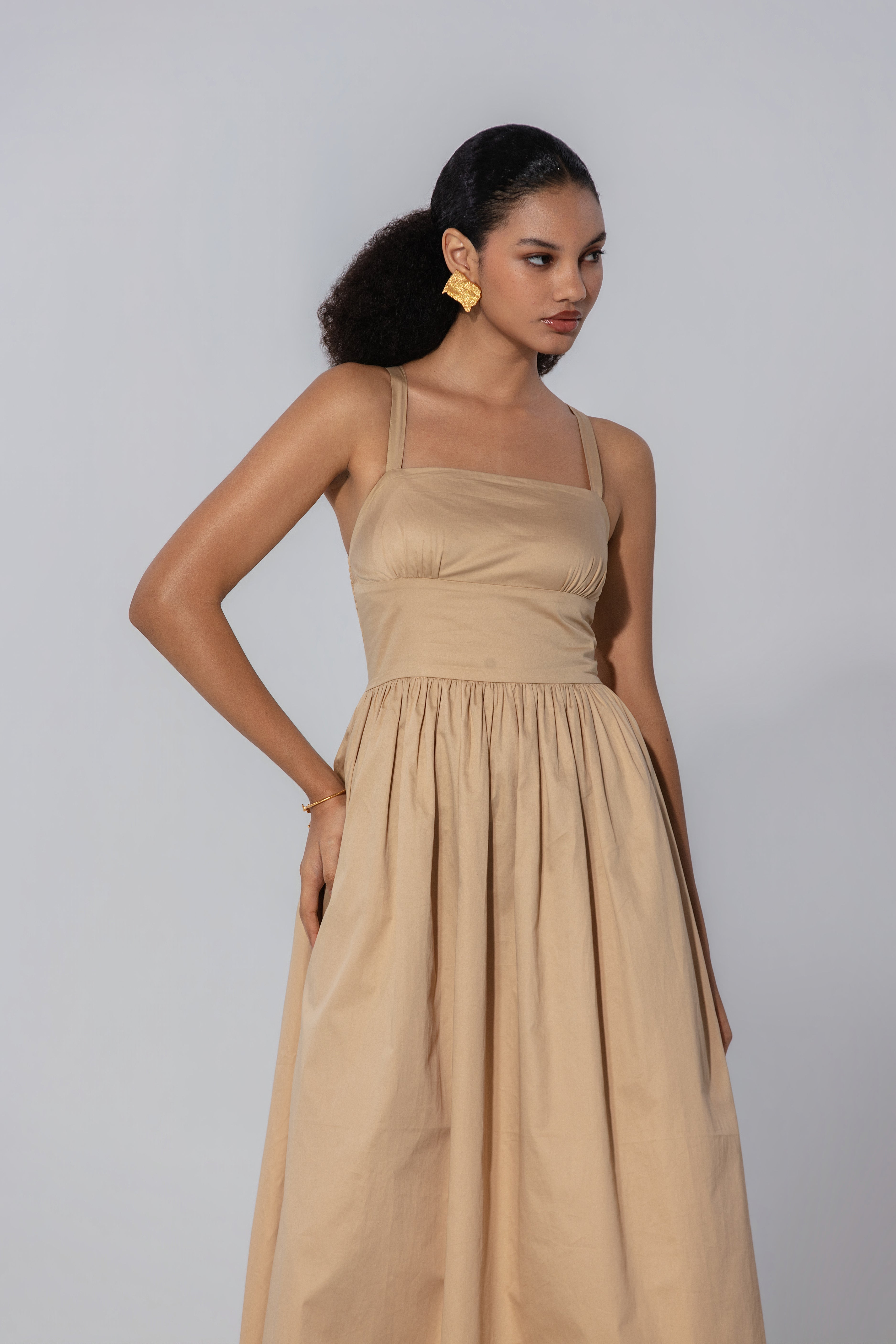 Shristy in Sand Gathered Cotton Silk Midi Dress