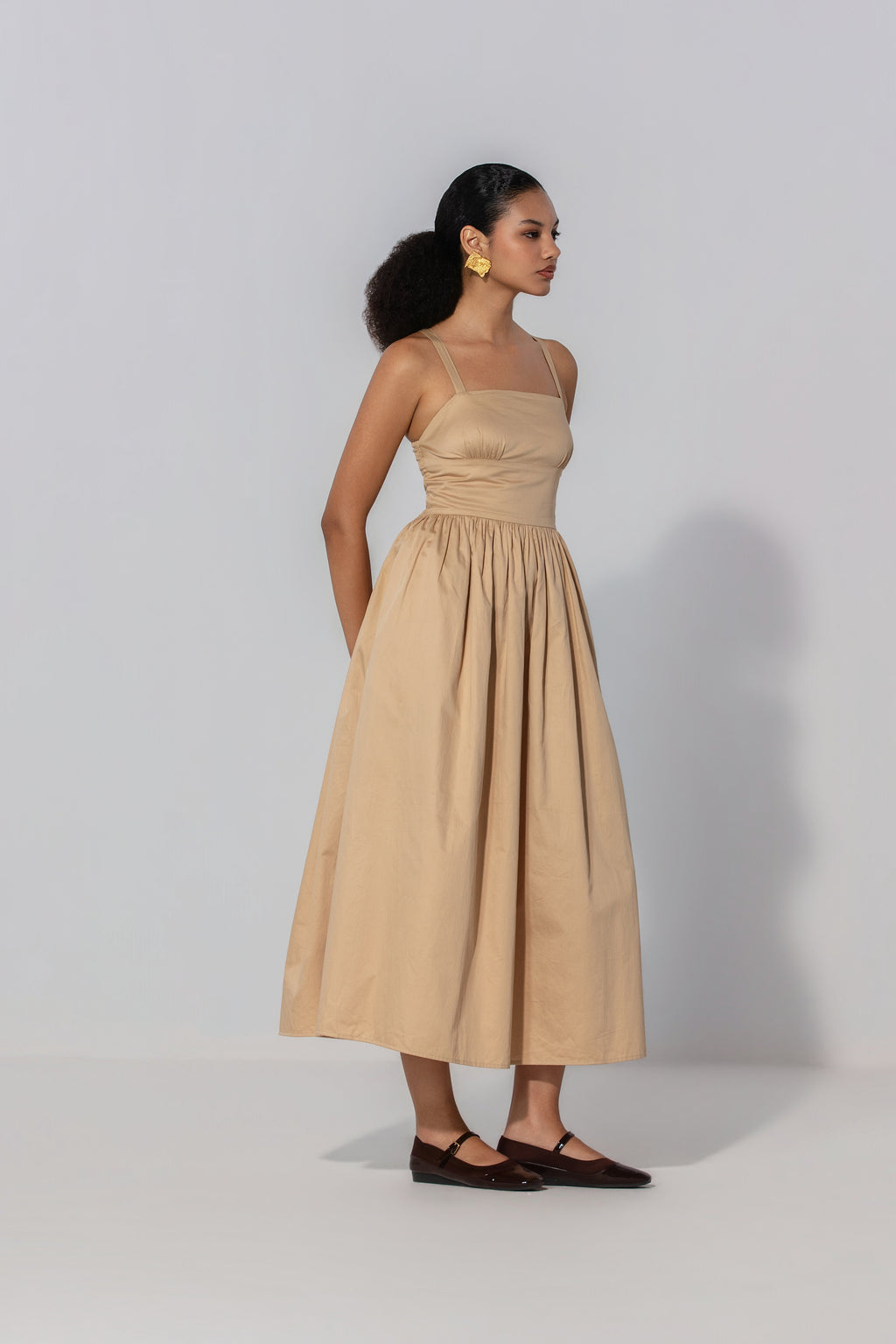 Shristy in Sand Gathered Cotton Silk Midi Dress