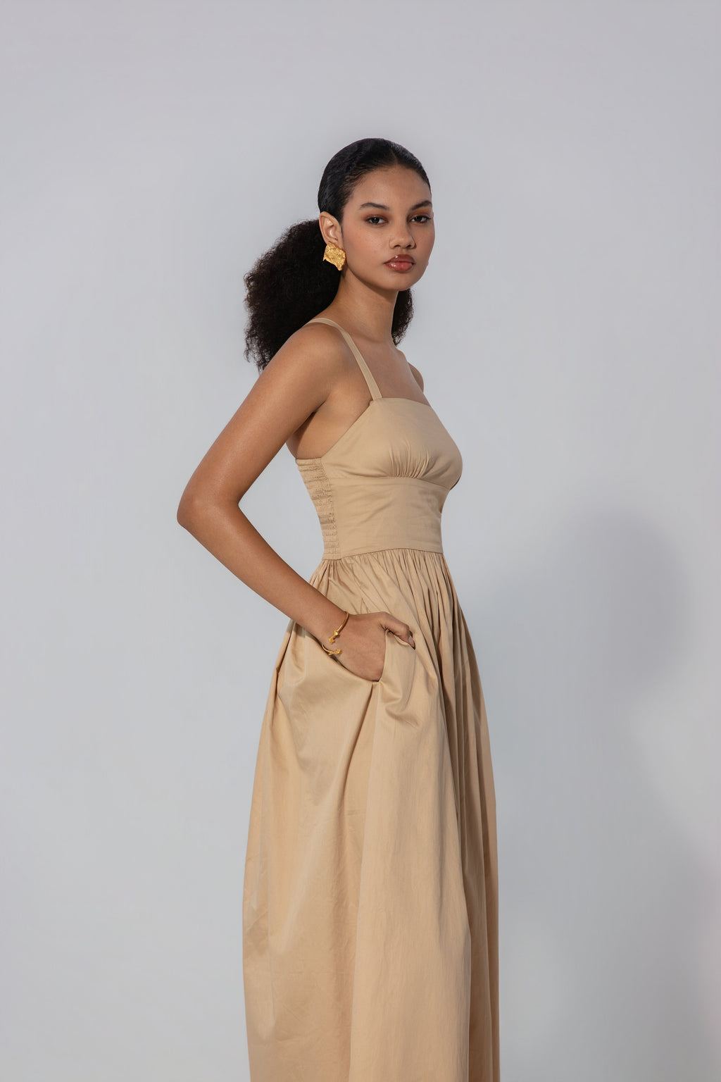 Shristy in Sand Gathered Cotton Silk Midi Dress