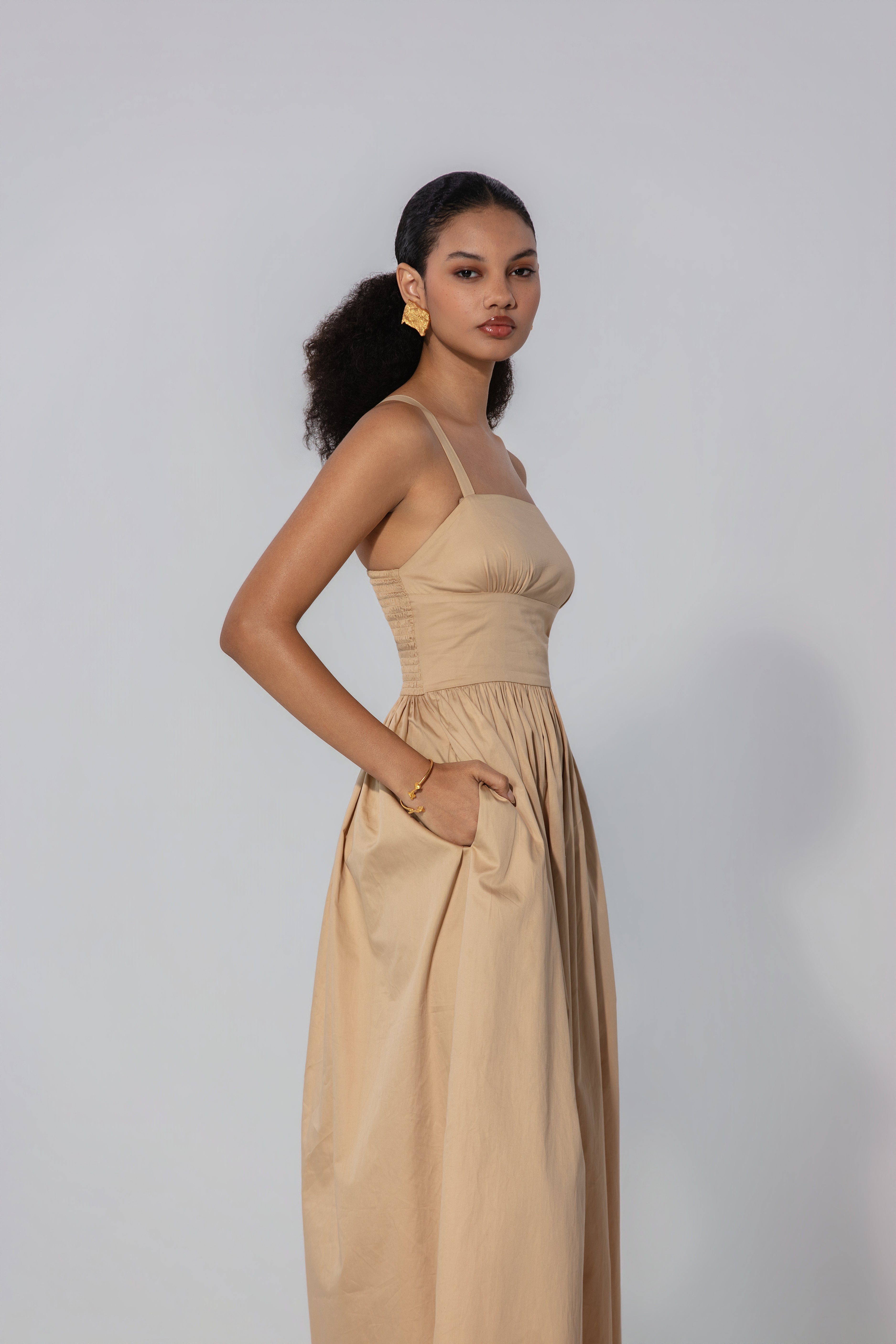 Shristy in Sand Gathered Cotton Silk Midi Dress