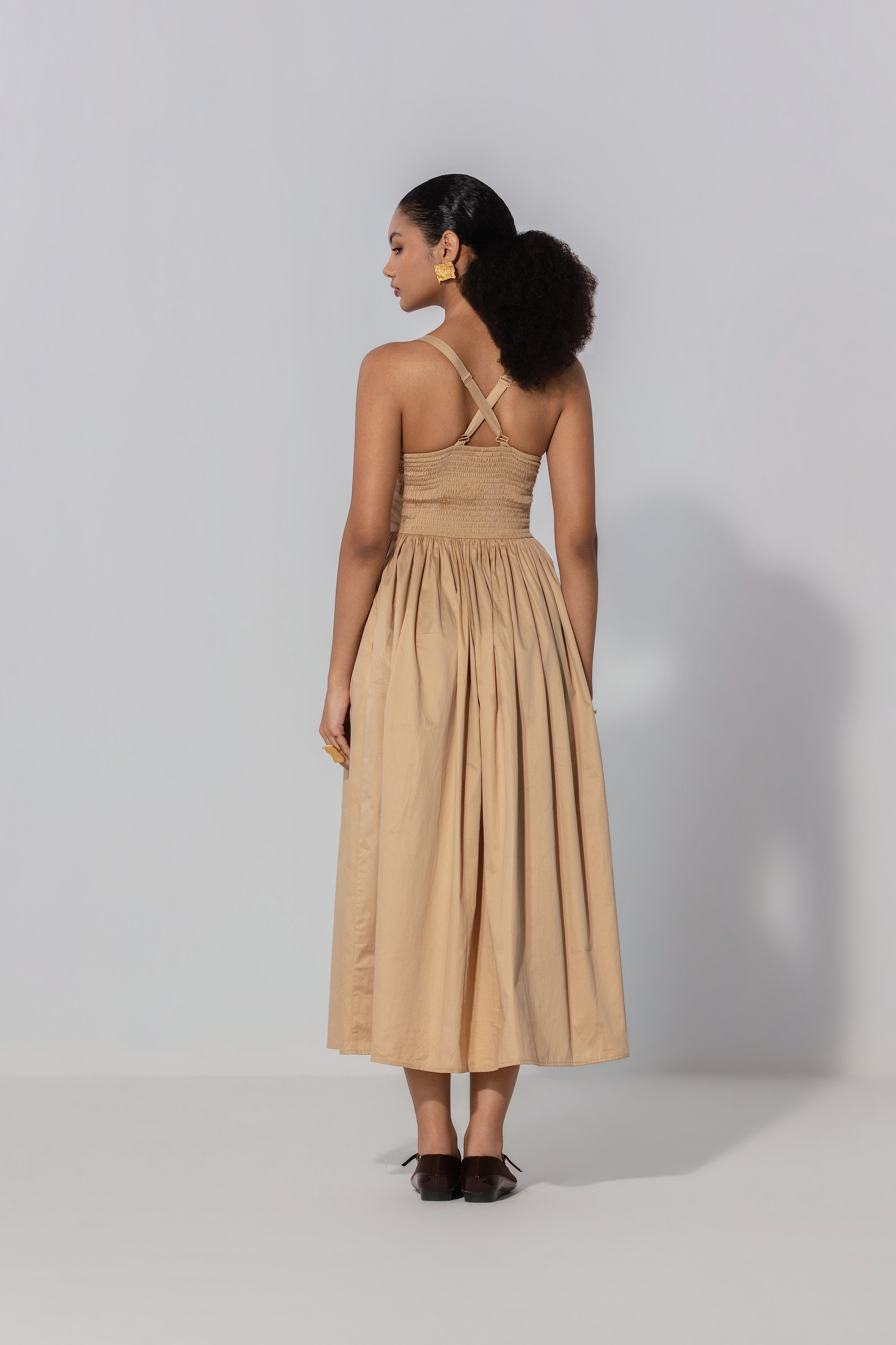 Shristy in Sand Gathered Cotton Silk Midi Dress